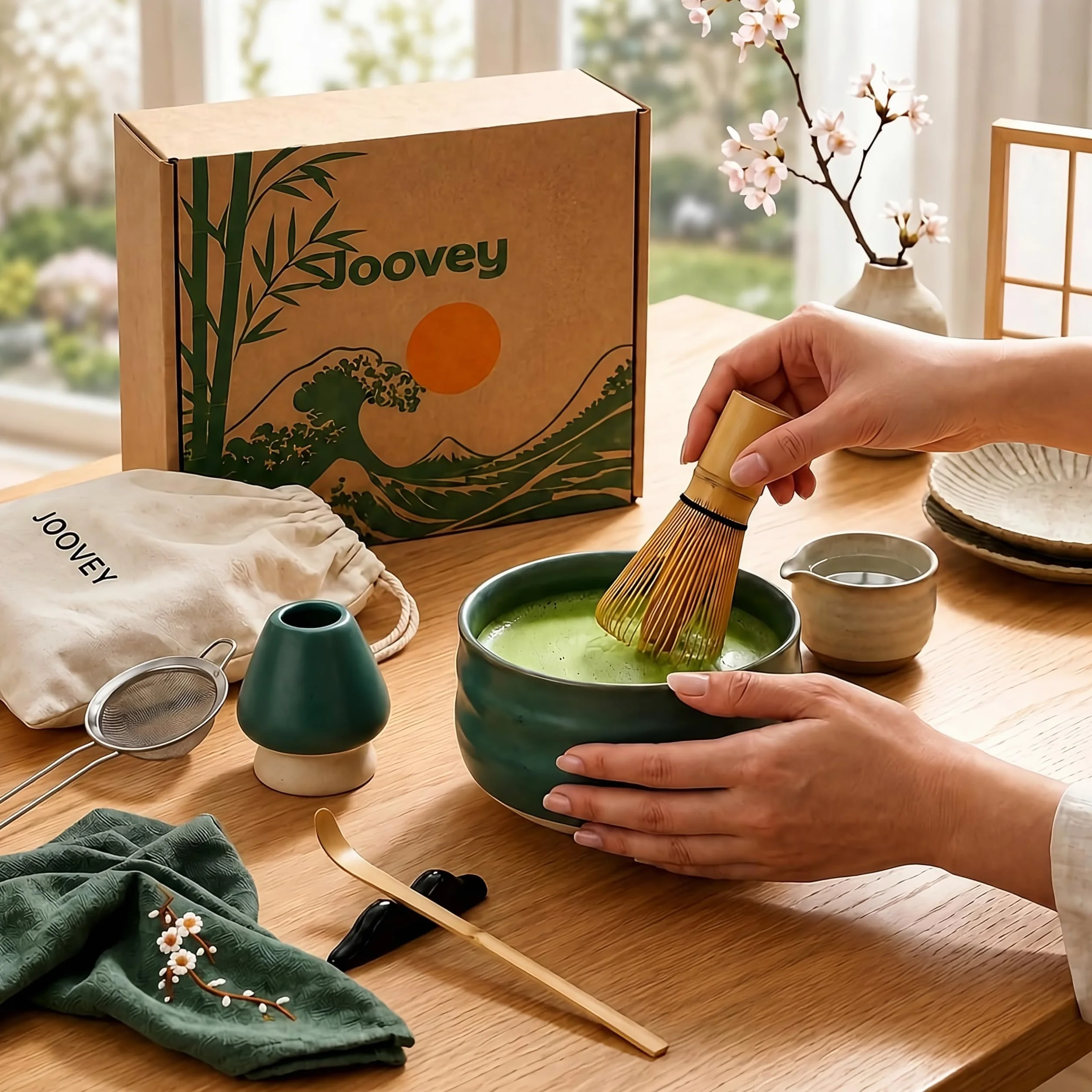 Te Matcha Kit Ceremonial Completo 8 Piezas – Bowl Cerámica 500 ml, Batidor Bambú Natural y Tamiz de Malla Fina – Kit Te Matcha Premium para Preparar Té Matcha Tradicional Japonés