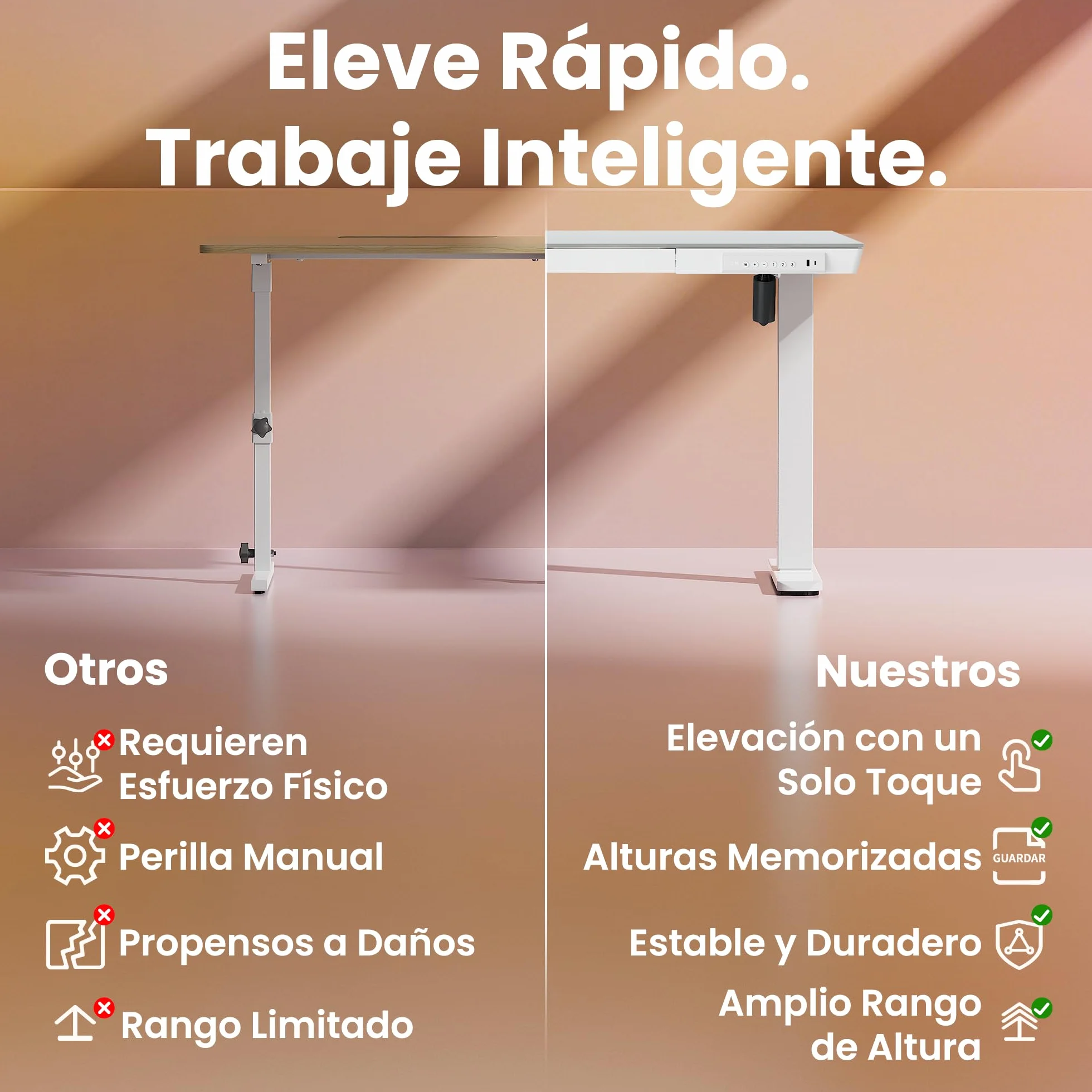 HUANUO 88 x 50 cm Escritorio Elevable, Mesa Elevable de Vidrio con Cajón, Puerto Carga USB y Panel Inteligente de 3 Memorias, Vidrio Blanco