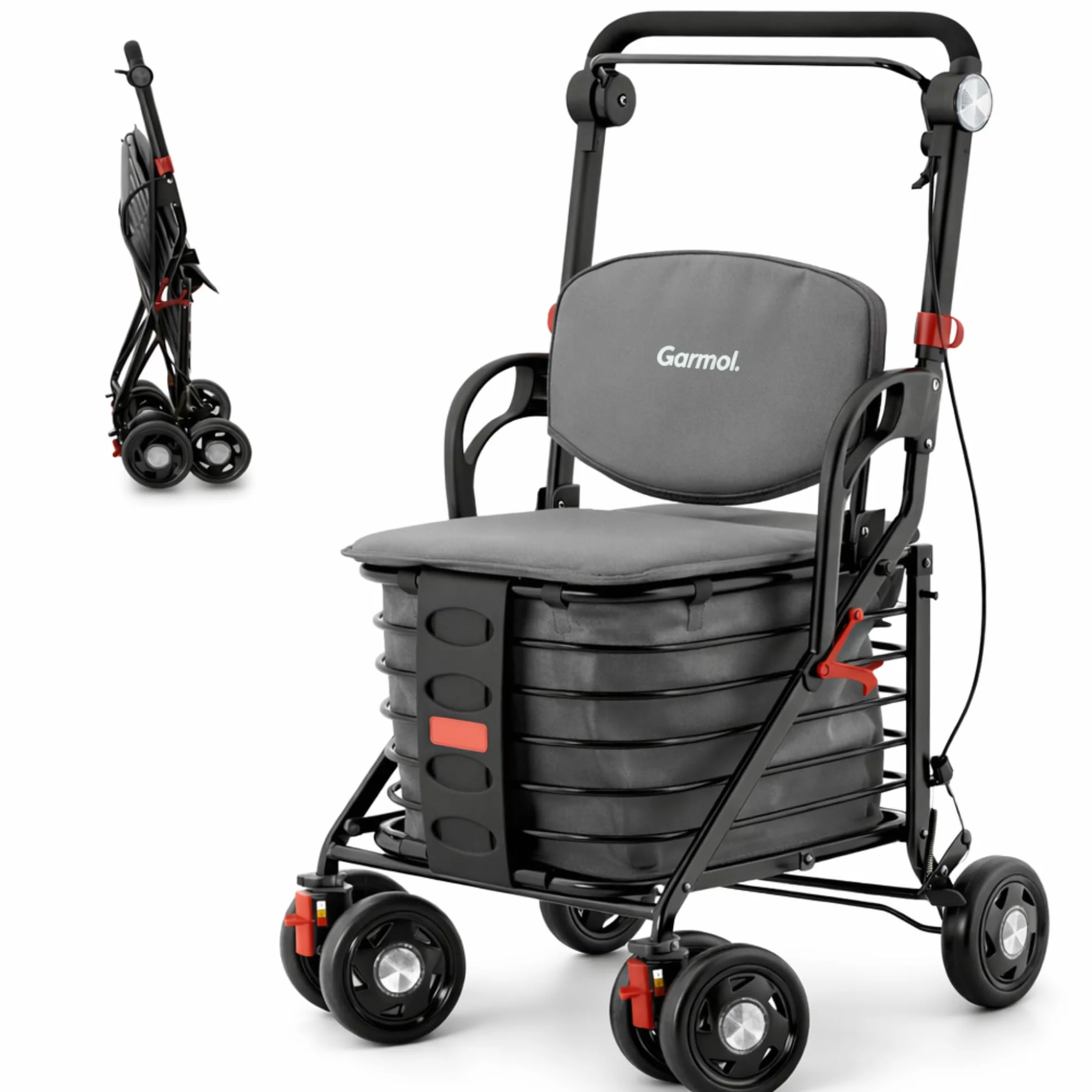 GARMOL Carro de Compra Relax con Asiento Acolchado 30L | Plegable, con Freno de Mano y Seguridad, Asa Regulable | Ideal para Personas Mayores hasta 120 kg (Gris)
