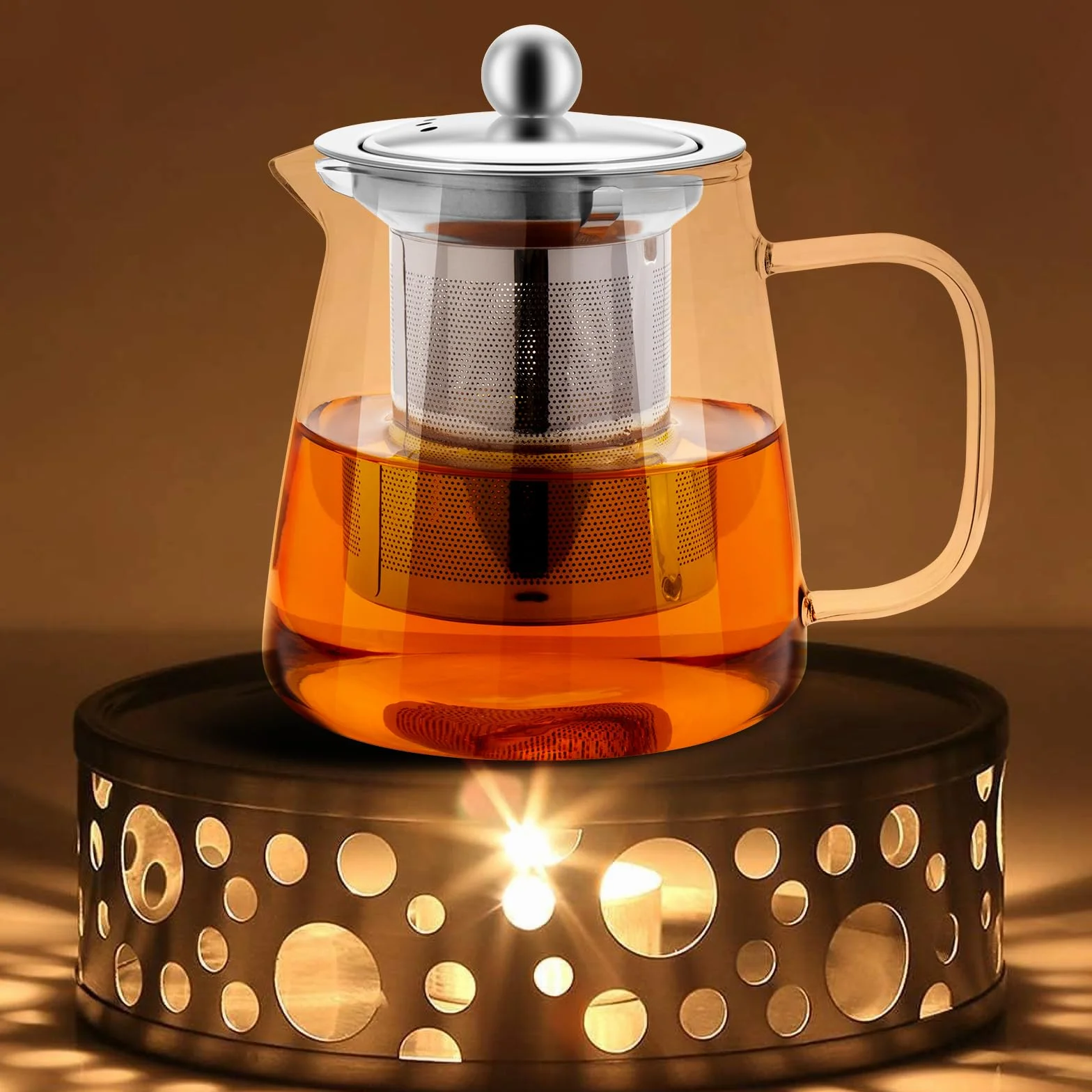 Tetera Borosilicato 750 ml Con Infusor y Colador De Acero Inoxidable, Para Estufa, Té De Hojas Sueltas, Hierbas y Frutas