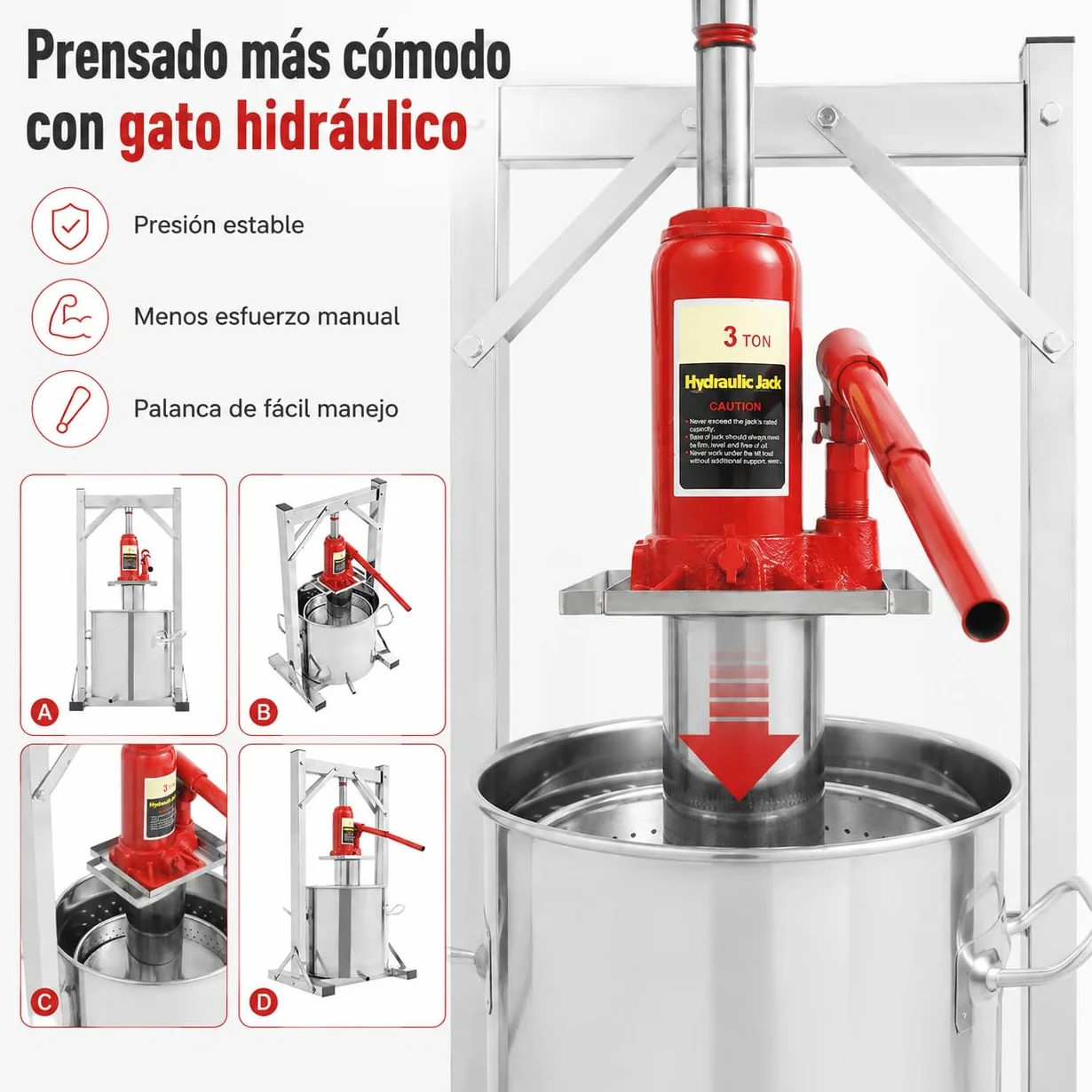 Prensa Hidráulica para Frutas 12L, Prensa Manual de Acero Inoxidable 201/304 con Gato 3T con Tambor, Marco de Prensa y Conector Hidráulico para Uvas, Manzanas, Sidra, Vino y Zumo