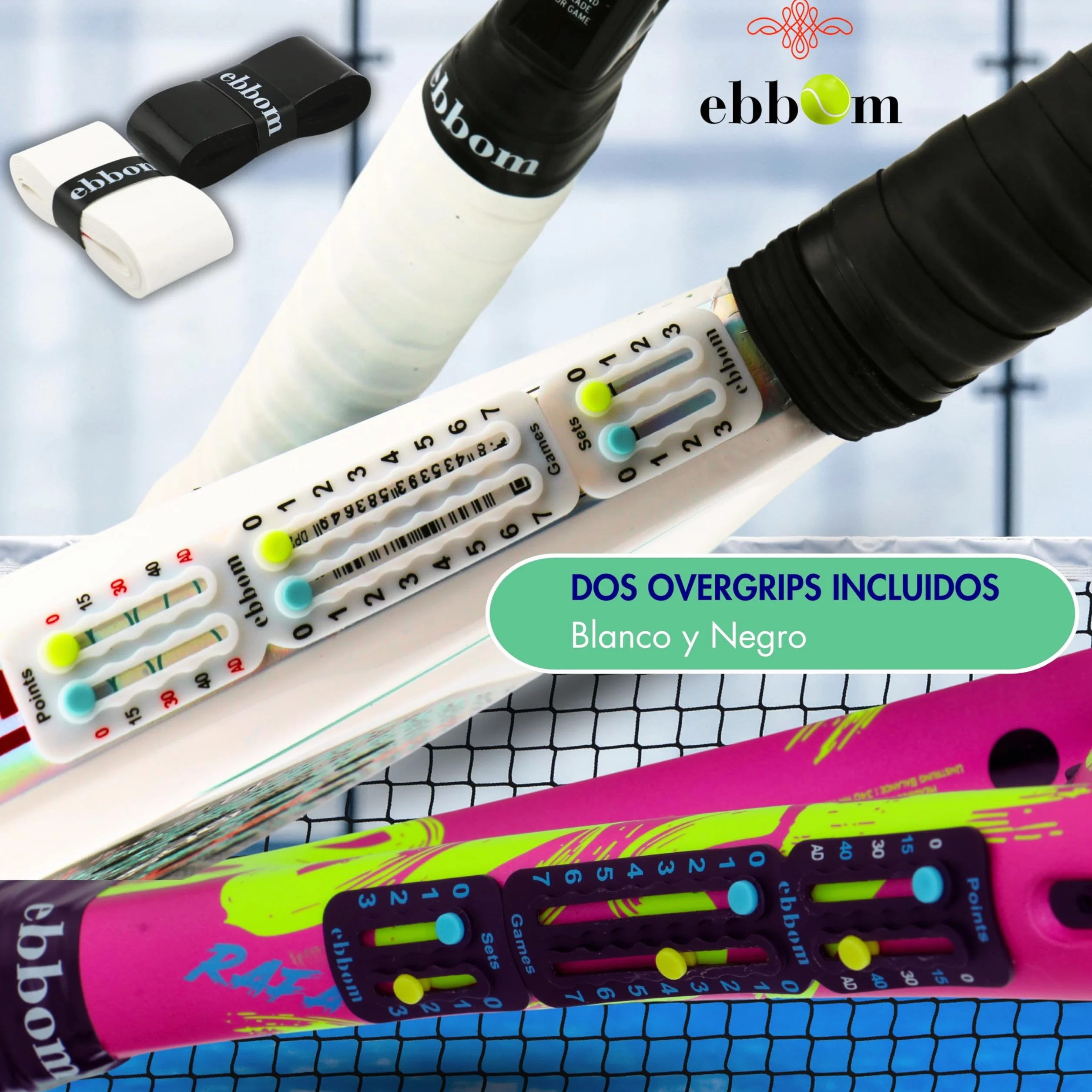 Contador Puntos Padel y Tenis Ultraligero Adhesivo 3M- Incluye 2 Overgrips B/N y 1 Limpiador – Adaptable a Todas Raquetas y Palas - Padel Accesorios - Contador de Puntos Padel