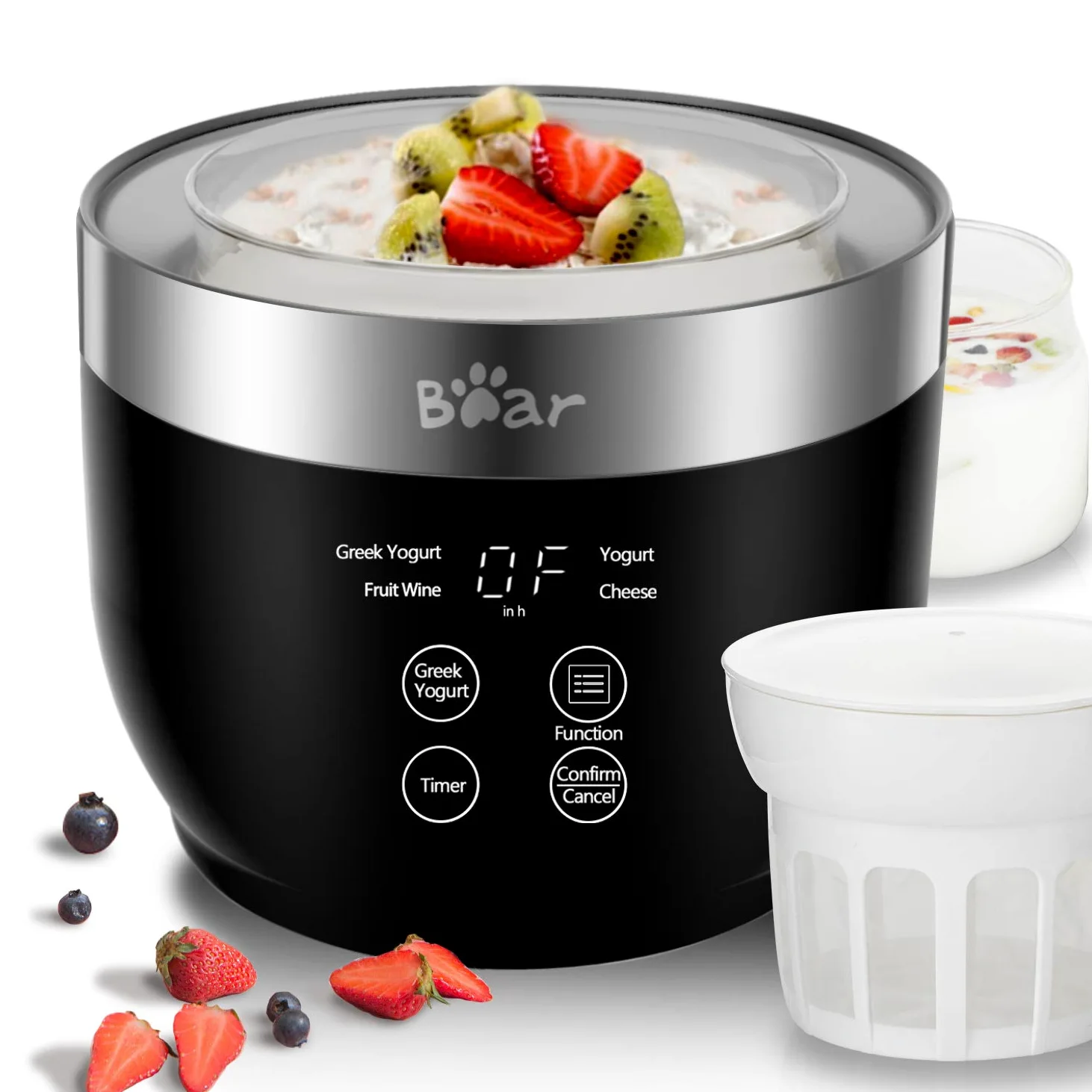 Máquina automática de yogur digital con olla interior de acero inoxidable, 2 tarros de vidrio (1 cuarto de galón) y colador para yogur orgánico en el hogar, color negro
