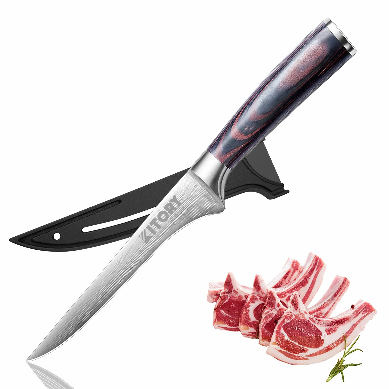 Kitory Cuchillo Deshuesador 15cm con Funda, Cuchillo Profesional para Cortar Huesos y Carne, Cuchillo Filetear Ultra Afilado con Mango Ergonómico de Madera de Pakka