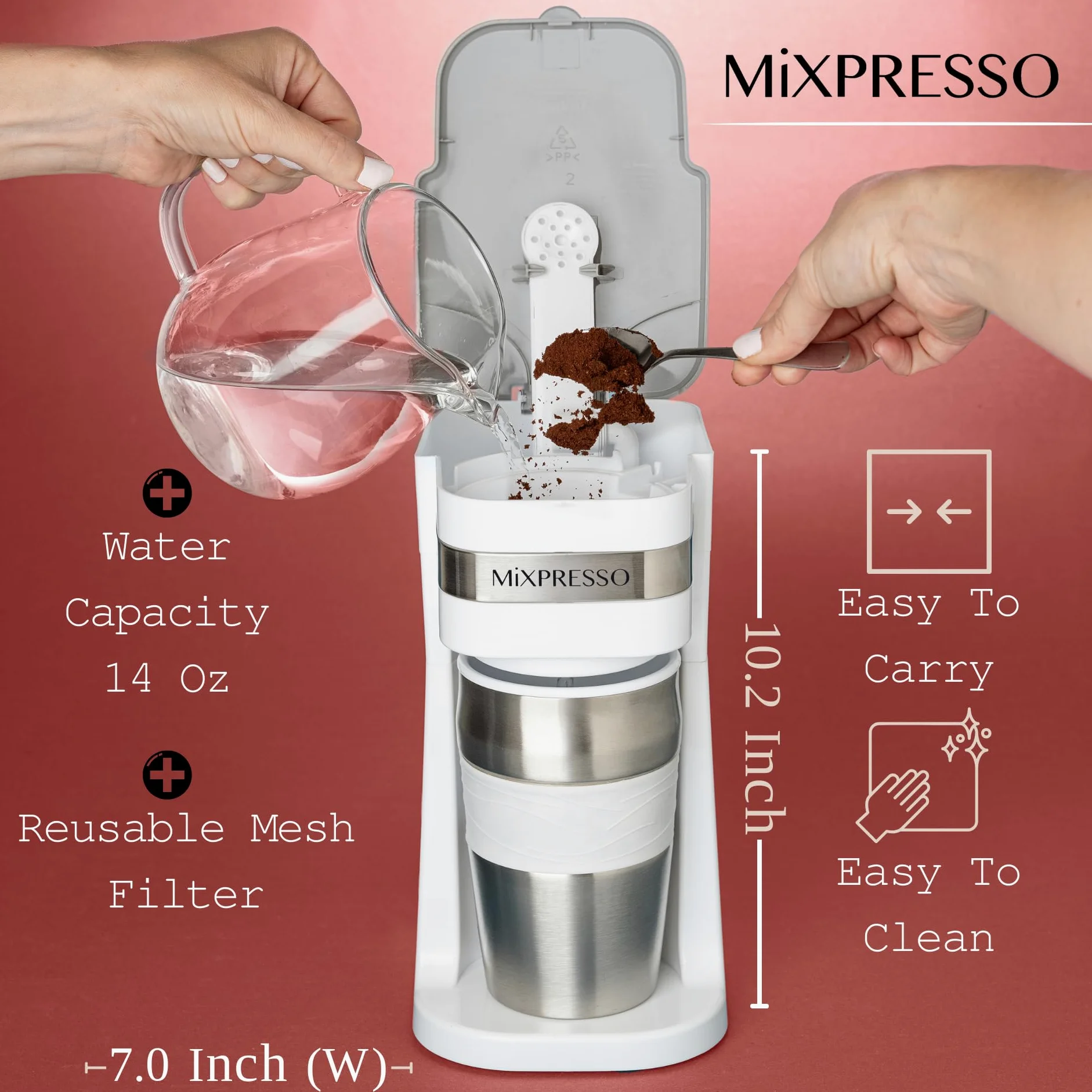 Mixpresso Cafetera personal blanca de una sola porción con taza de viaje de 14 onzas, cafetera pequeña de goteo con apagado automático, filtro reutilizable, funciona solo con café molido, no para