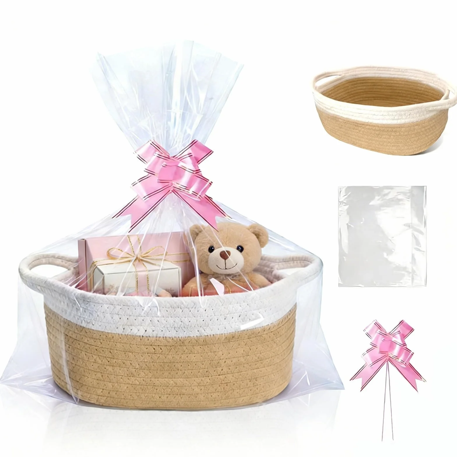 Cesta de Regalo Vacía 30 x 20 x 12 cm Algodón con Bolsa y Cinta para Cumpleaños Boda Baby Shower