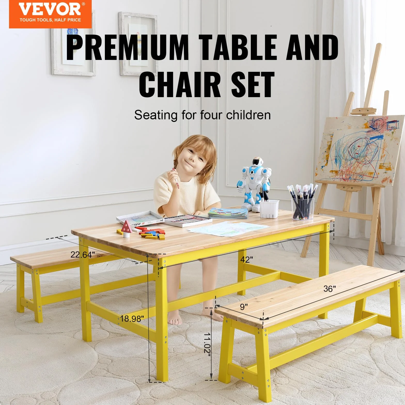VEVOR 1 Mesa Infantil con 2 Bancos 1067x575x482 mm y 915x235x280 mm Conjunto de Muebles Infantiles Bandeja Fácil de Limpiar para Estudiar Comer Jugar Leer Guardería Dormitorio Infantil de 2 a 8 Años