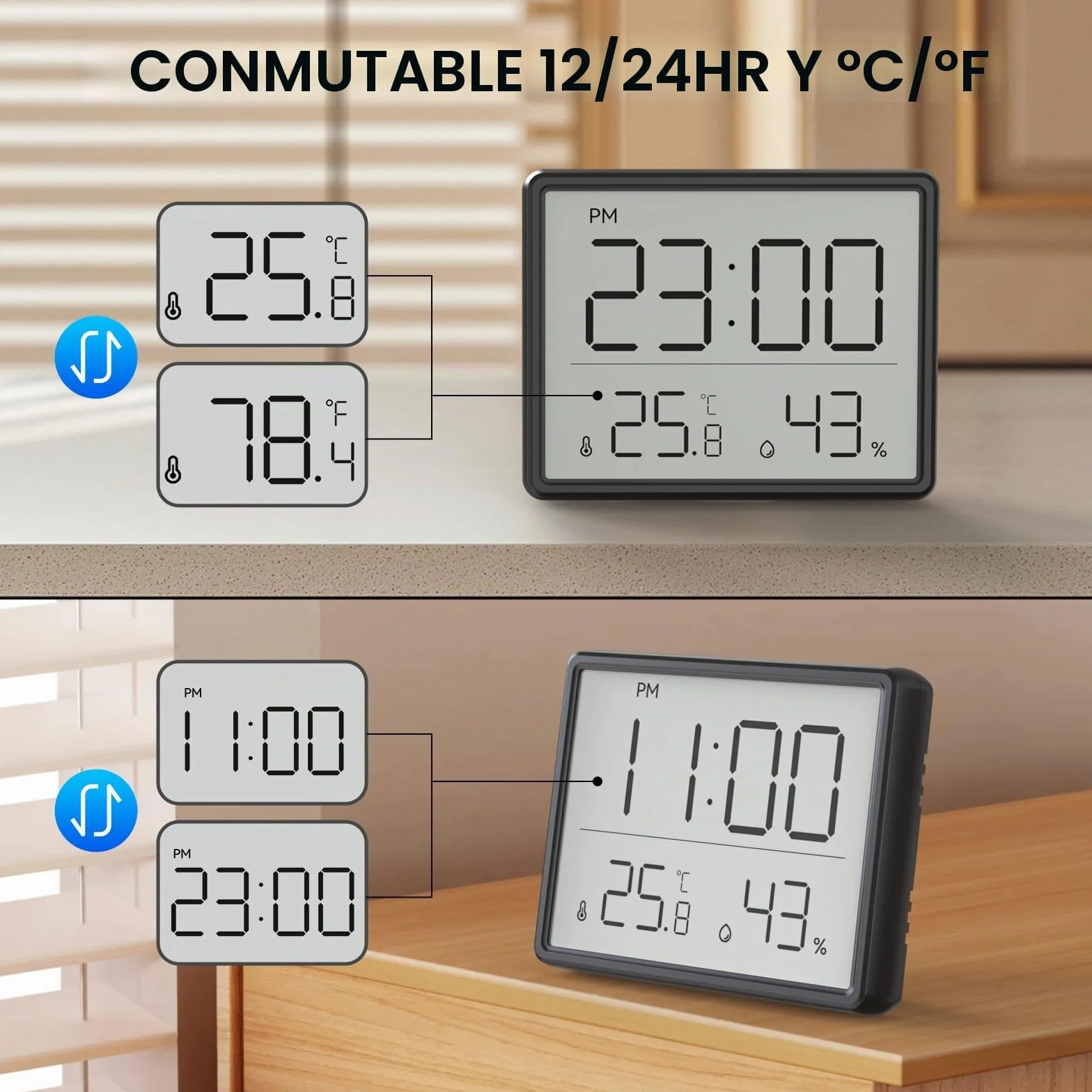 Termómetro Higrómetro Digital, LCD Pequeño Reloj Despertador con Temperatura Humedad Multifuncional 12/24 Horas ℃/℉ para Hogar Estudiantes Oficina