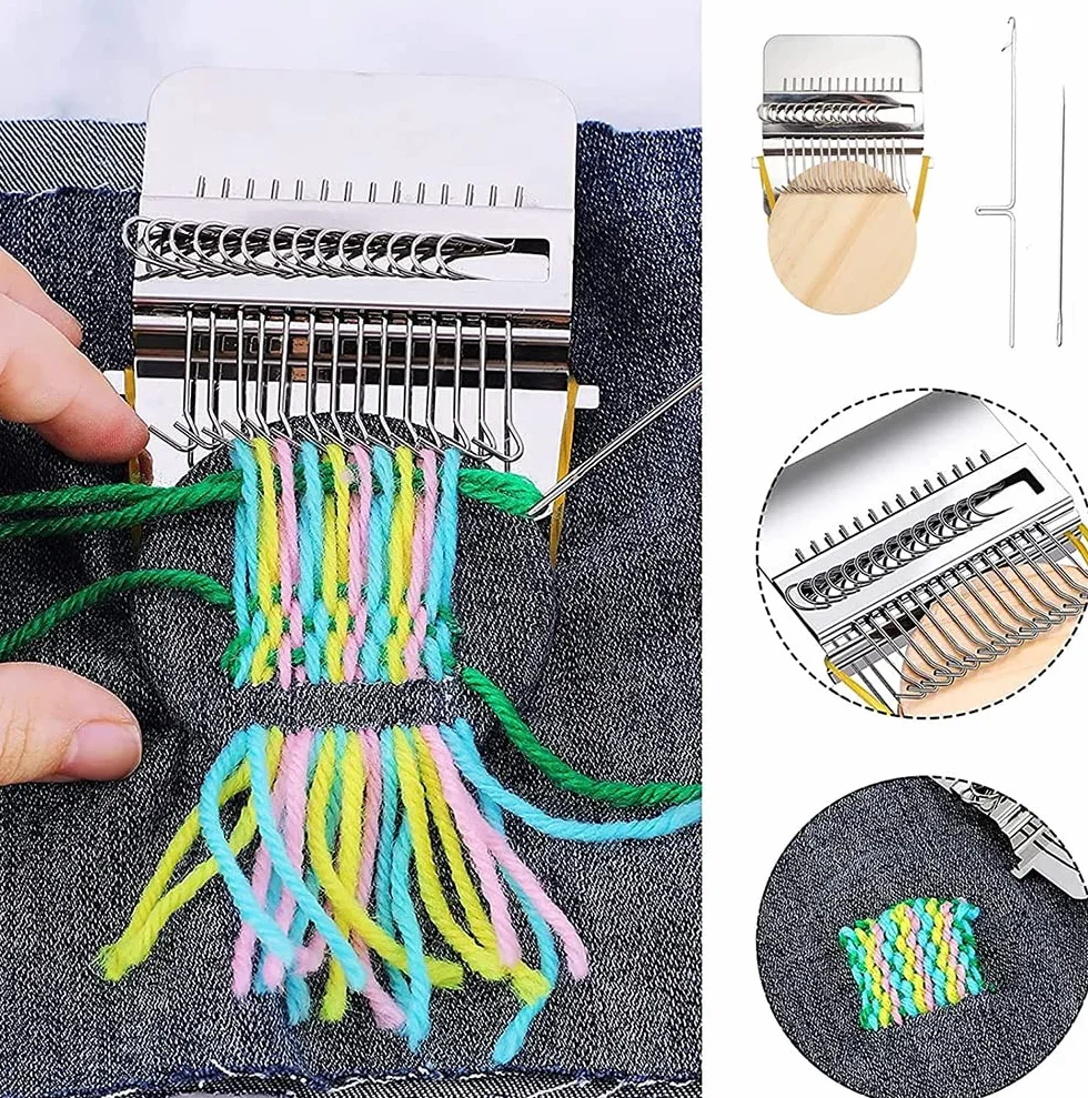 POFET Mini máquina de telar de madera, herramienta creativa de reparación de tejidos, para jeans, calcetines, ropa (14 ganchos)