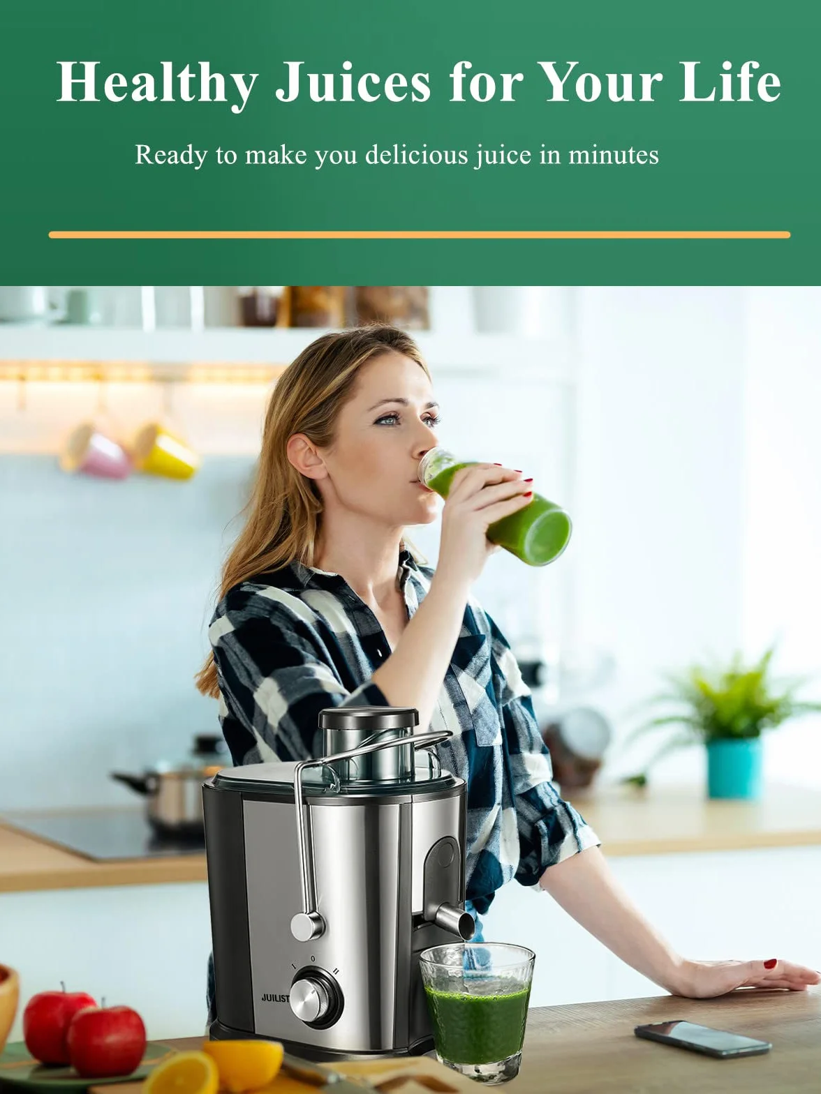 JUILIST Licuadoras Para Verduras y Frutas, 600W Licuadora de Acero Inoxidable, Diseño Nongoteo, Fácil de Limpiar, 2 Modos de Velocidad, 65MM de Boca Ancha, Pies Nondeslizantes