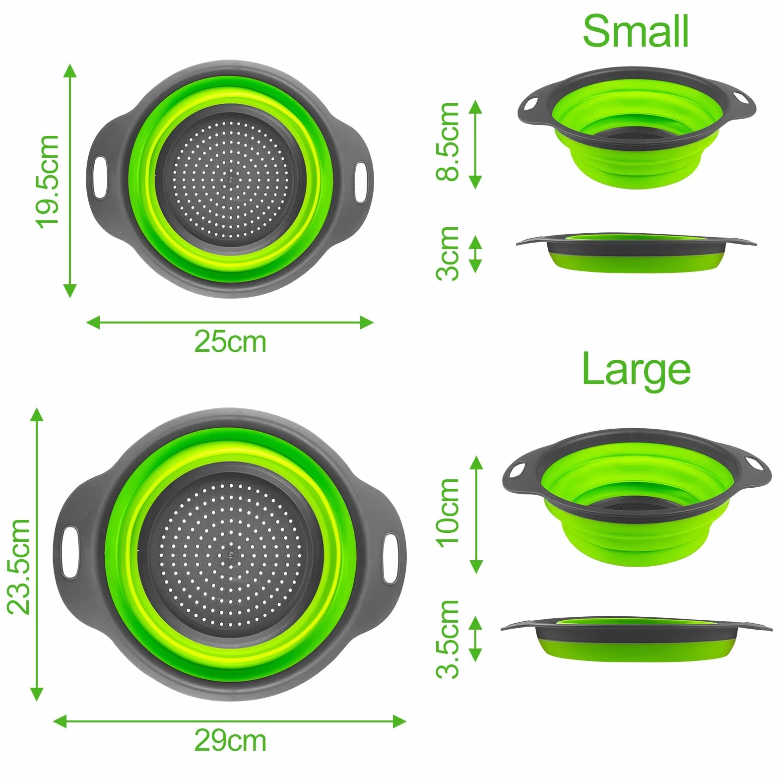 Newpop 2 Piezas Colador de Cocina, 2 Tamaños Escurridor Plegable, Colador Plegable Silicona, Fácil de Limpiar Escurridor de Verduras para Escurrir Pasta, Frutas, Verduras (Verde 25+29Cm)