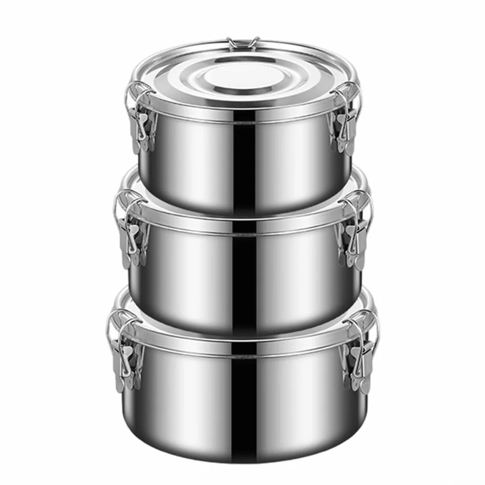 Cuenco de arroz de acero inoxidable 304 con tapa y hebilla, olla de vapor hermética para congelar alimentos, utensilios de cocina de larga duración, 1 pieza (juego de seis piezas)