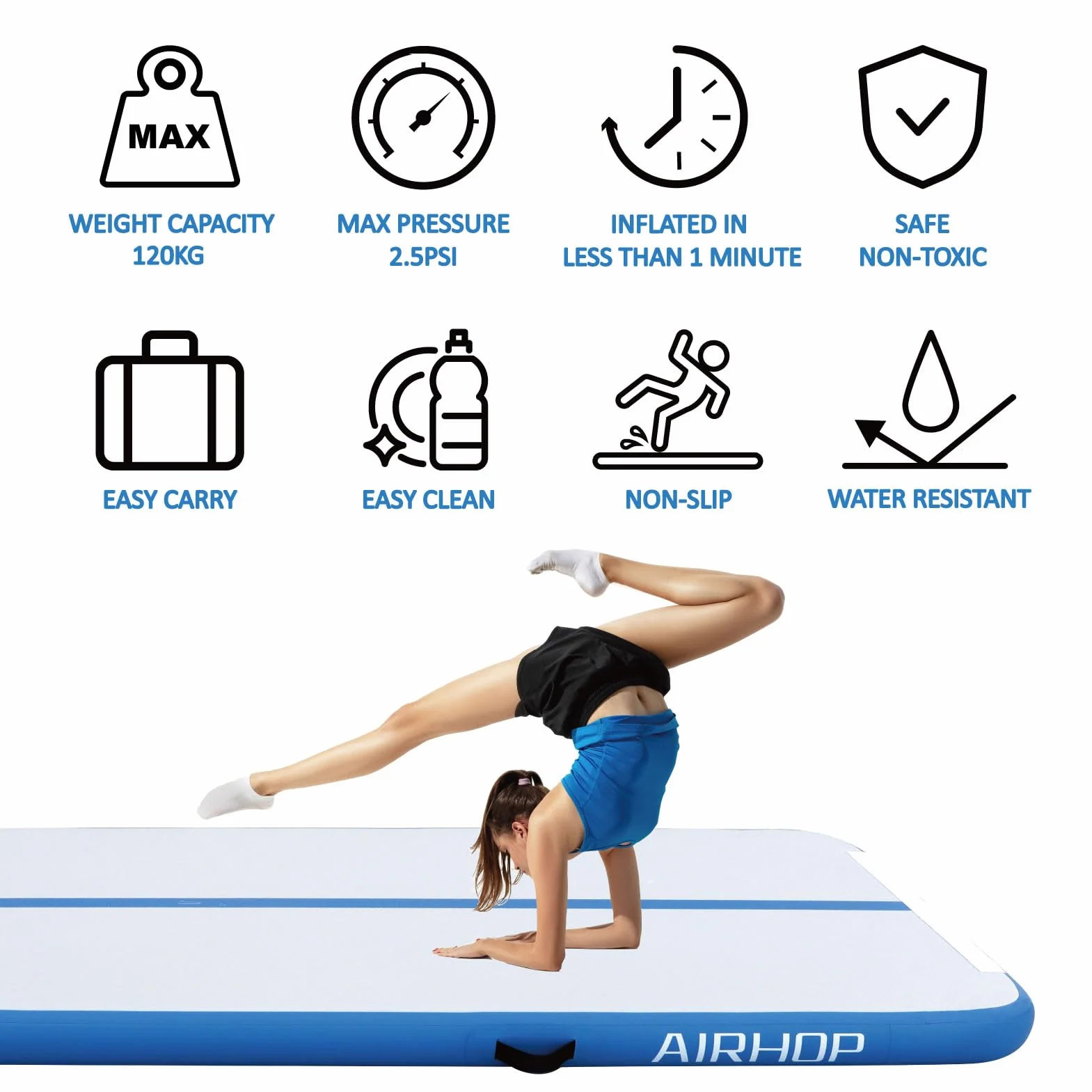 AIRHOP Colchoneta de Gimnasia Inflable 10/20 cm, 3-6 m con Bomba Eléctrica