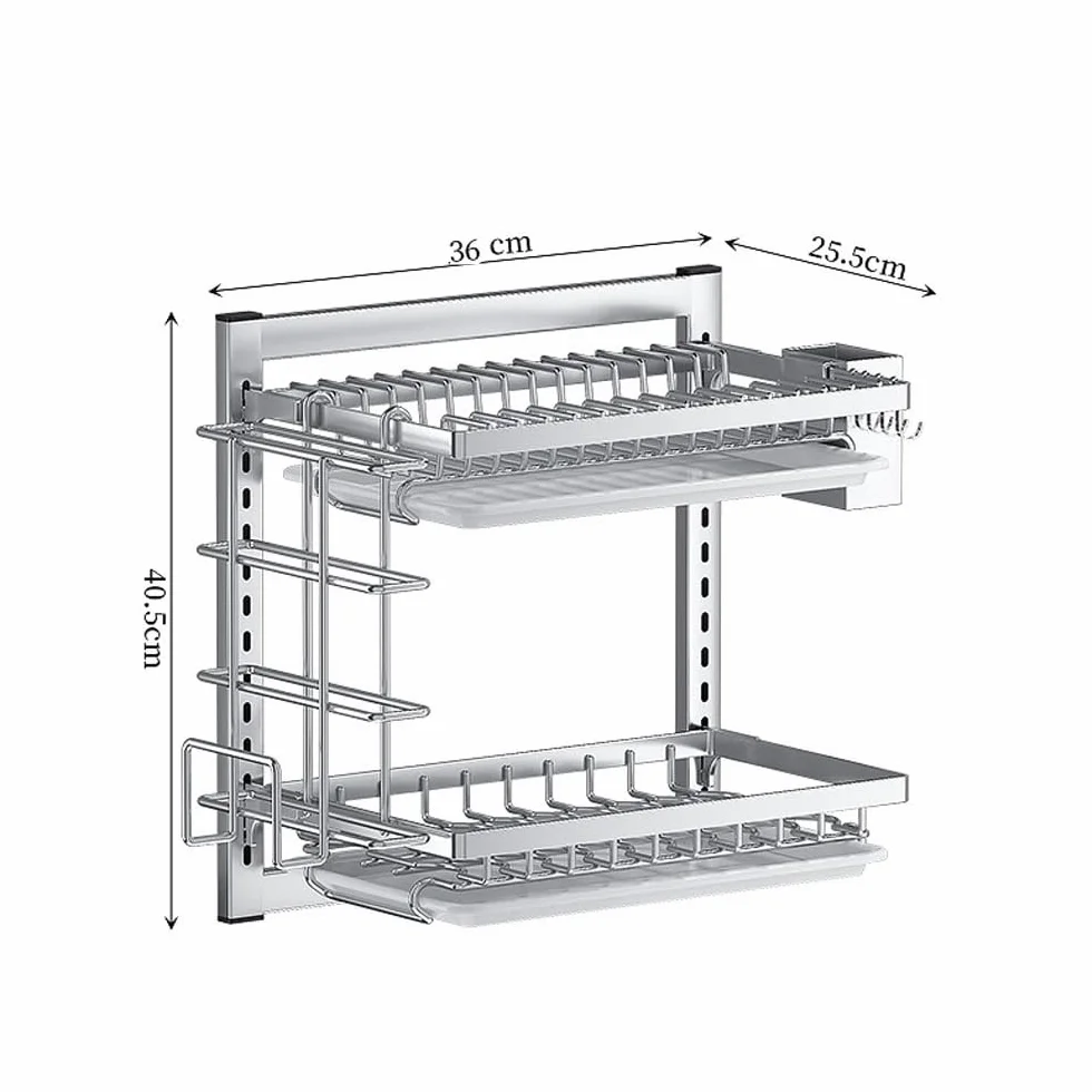 Escurridor de platos colgante montado en la pared, 2/3 niveles, ajustable, ahorra espacio, con escurridor, ganchos y soporte para cubiertos, fácil instalación sin taladrar (tamaño: 2 capas)