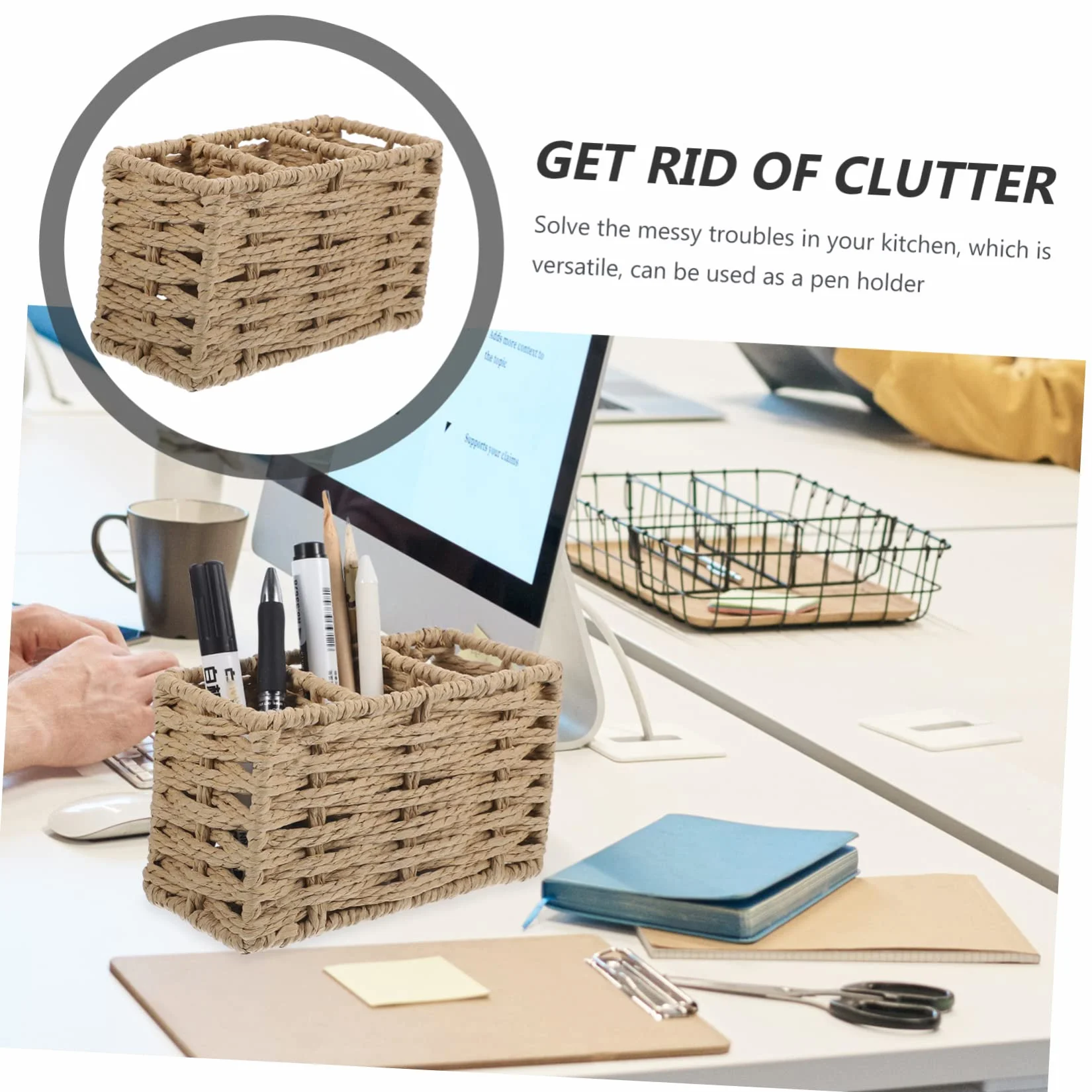 PRETYZOOM Cesta De Almacenamiento Tejida De Cuerda De Papel Beige para Cubiertos y Utensilios De Cocina Soporte Organizador para Tenedores y Cucharas para Hogar y Restaurantes