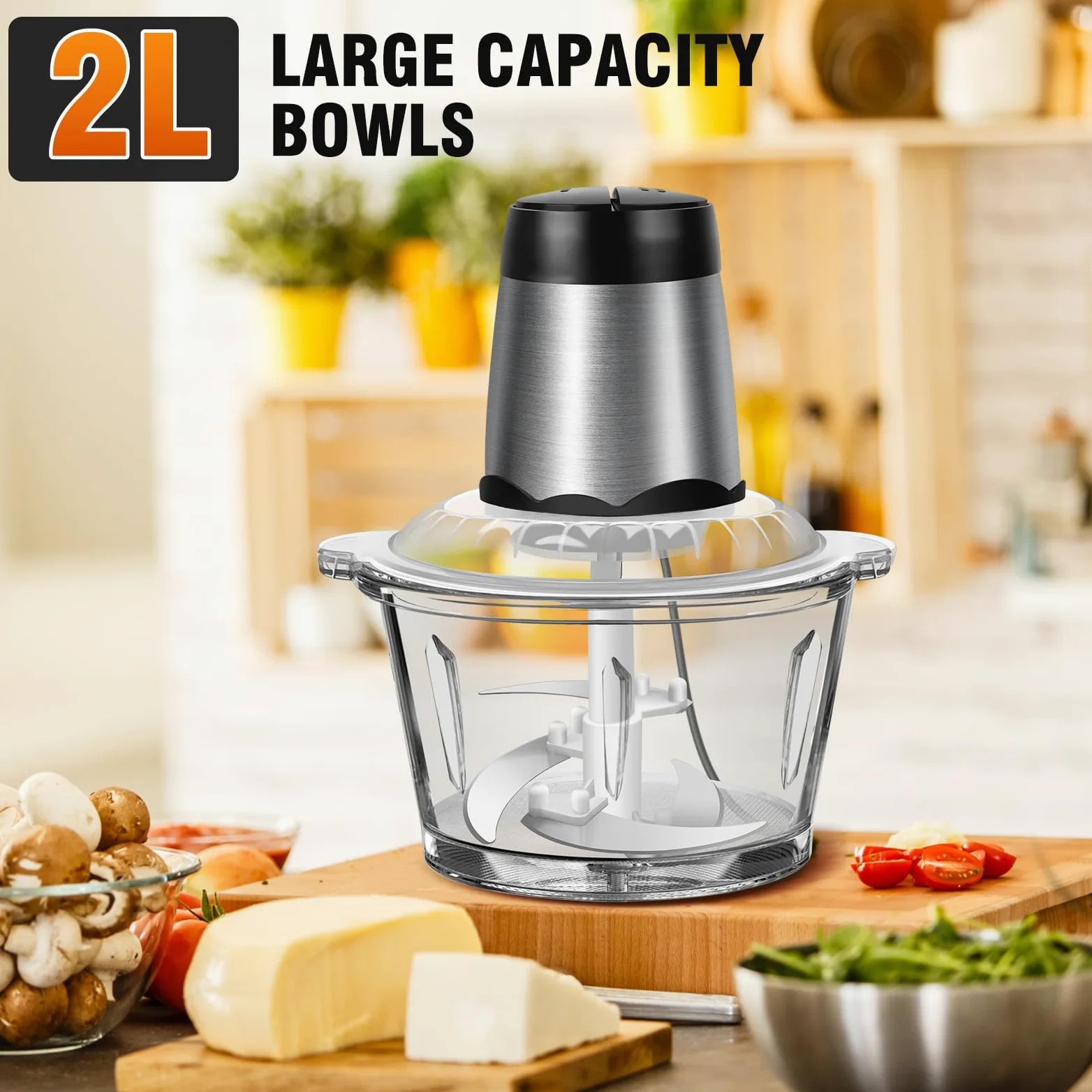 Procesador eléctrico de alimentos y picador, 300 W con recipiente de vidrio de 2 L, 4 cuchillas de acero inoxidable, 2 ajustes de velocidad, funcionamiento con un solo toque, fácil de limpiar, mini