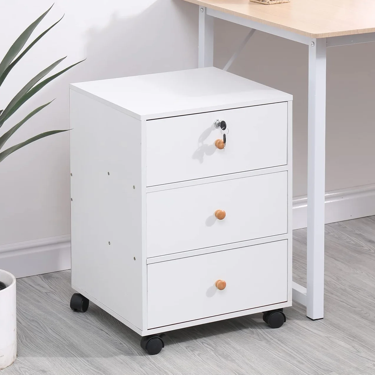 Ansley&HosHo Archivador móvil con 3 cajones, gabinete delgado para mesita de noche, armario de almacenamiento rodante debajo del escritorio, archivador de madera con cerradura, mesa de impresora de