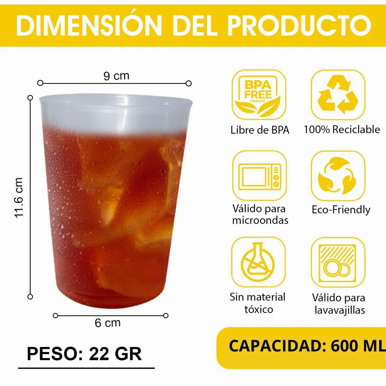100 Vasos de Sidra 600 ML Reutilizables - Plástico Duro Irrompible - Uso en Fiestas, Oficina o Camping - Ecológico sin BPA - Para Agua, Cocktail, Cubatas, Gin Tonic y Cerveza