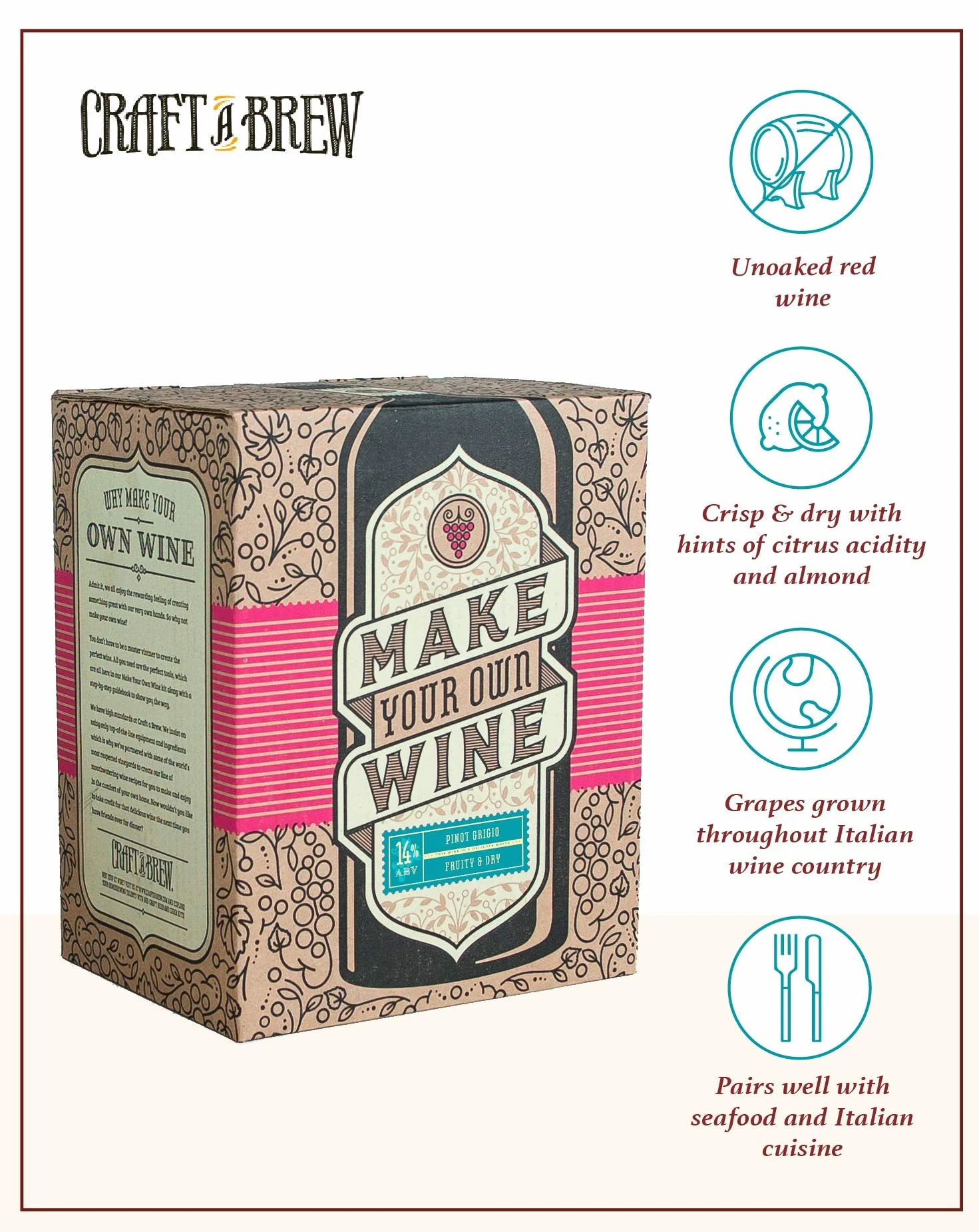 Craft A Brew Elaboración de un kit casero para principiantes con preparación fácil con ingredientes y suministros La mejor experiencia en elaboración de vino, 1 galón, Pinot Grigio