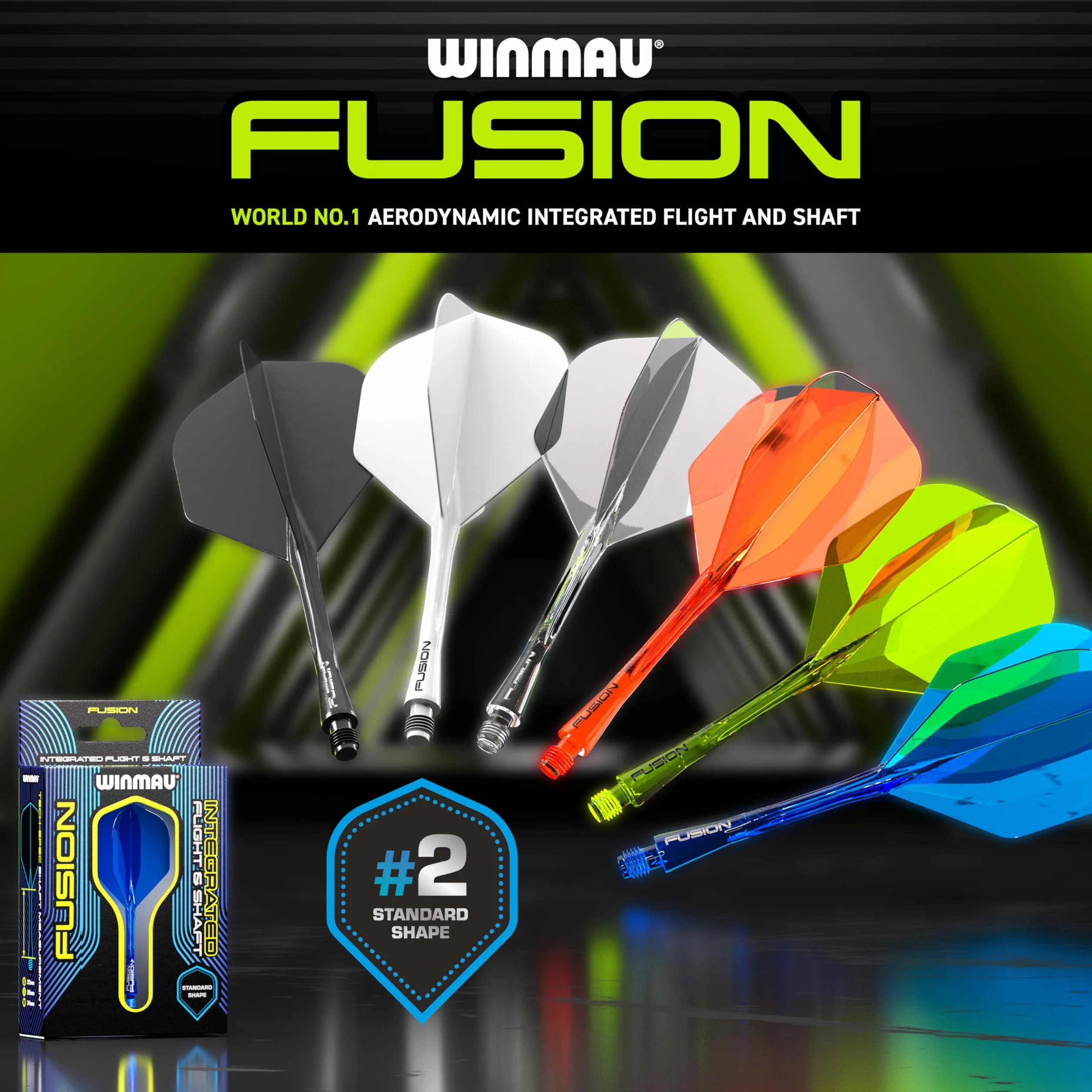 WINMAU Dardos Fusion Sistema Integrado de Vuelo y Eje - No.2 Forma y diseño - Negro, Longitud Intermedia