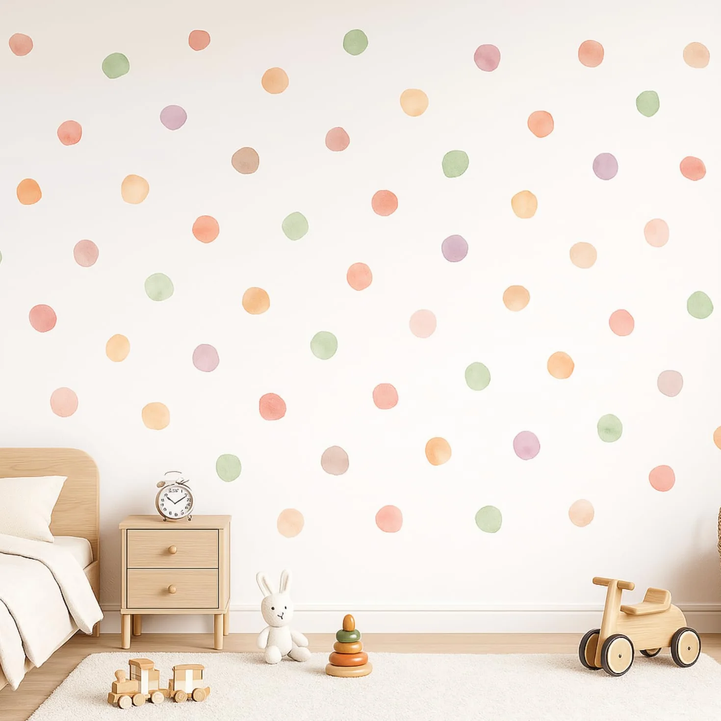 Pegatinas Infantiles Decorativas de Vinilo Adhesivo para Pared - Set de 72 Lunares Acuarela Multicolor para Habitación de Bebé
