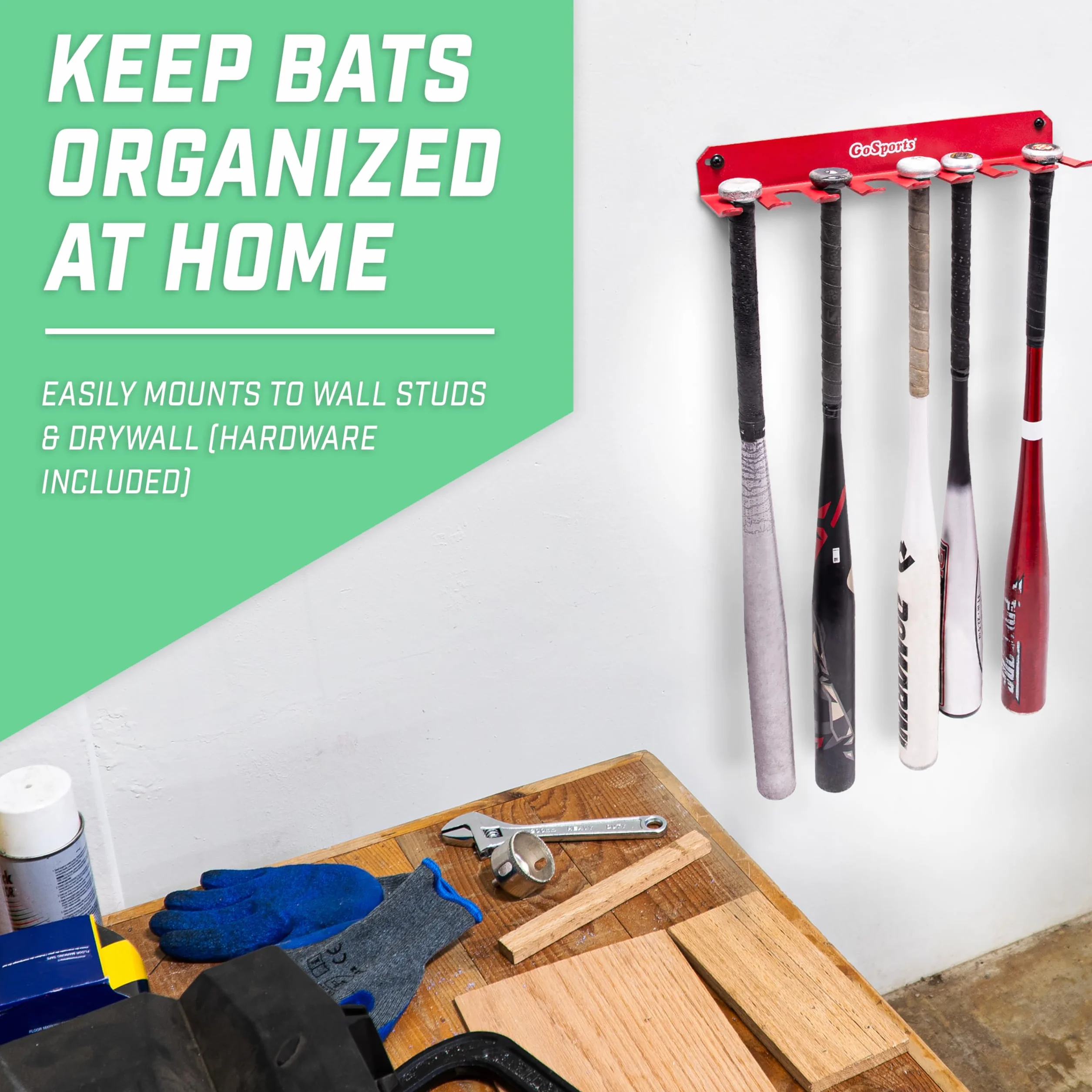 GoSports Baseball & Softball Bat Rack Black Red Holds 16 Bats Wall Mount Dugout Fence