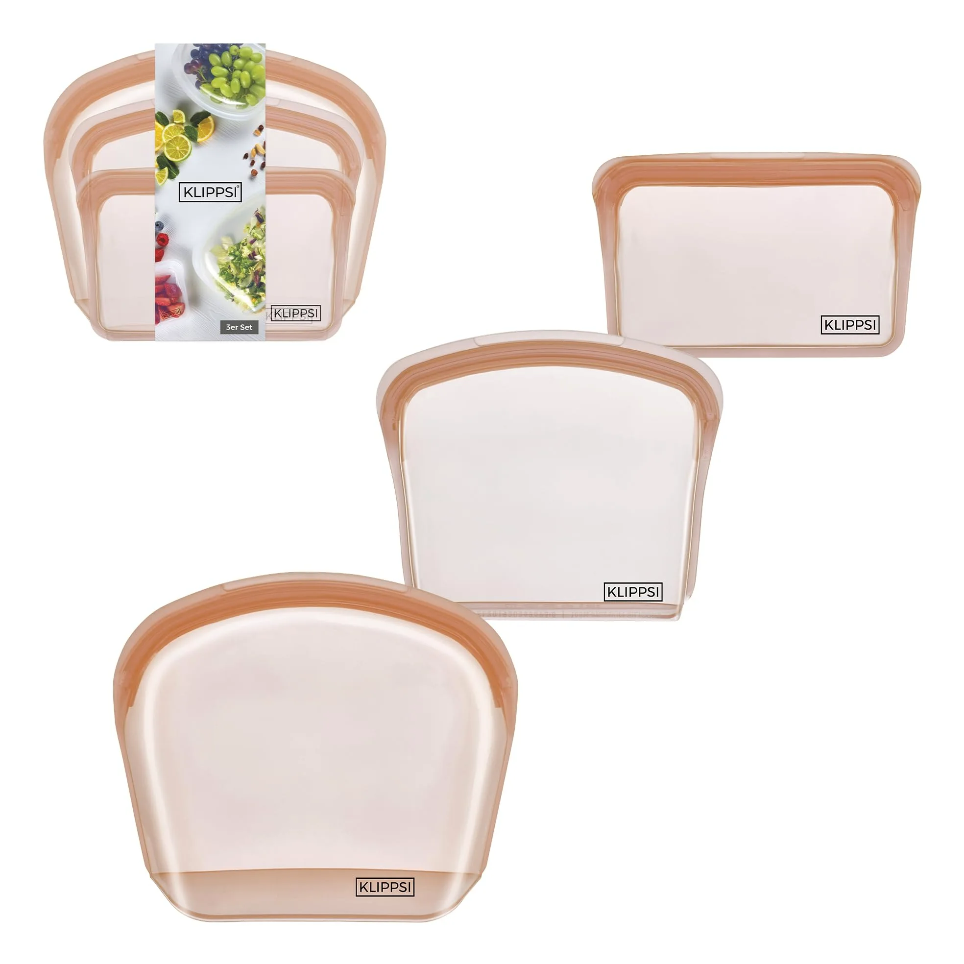 Juego de 3 bolsas de silicona reutilizables para congelador, resistentes al calor, resistentes al frío, a prueba de fugas, aptas para lavavajillas (albaricoque)
