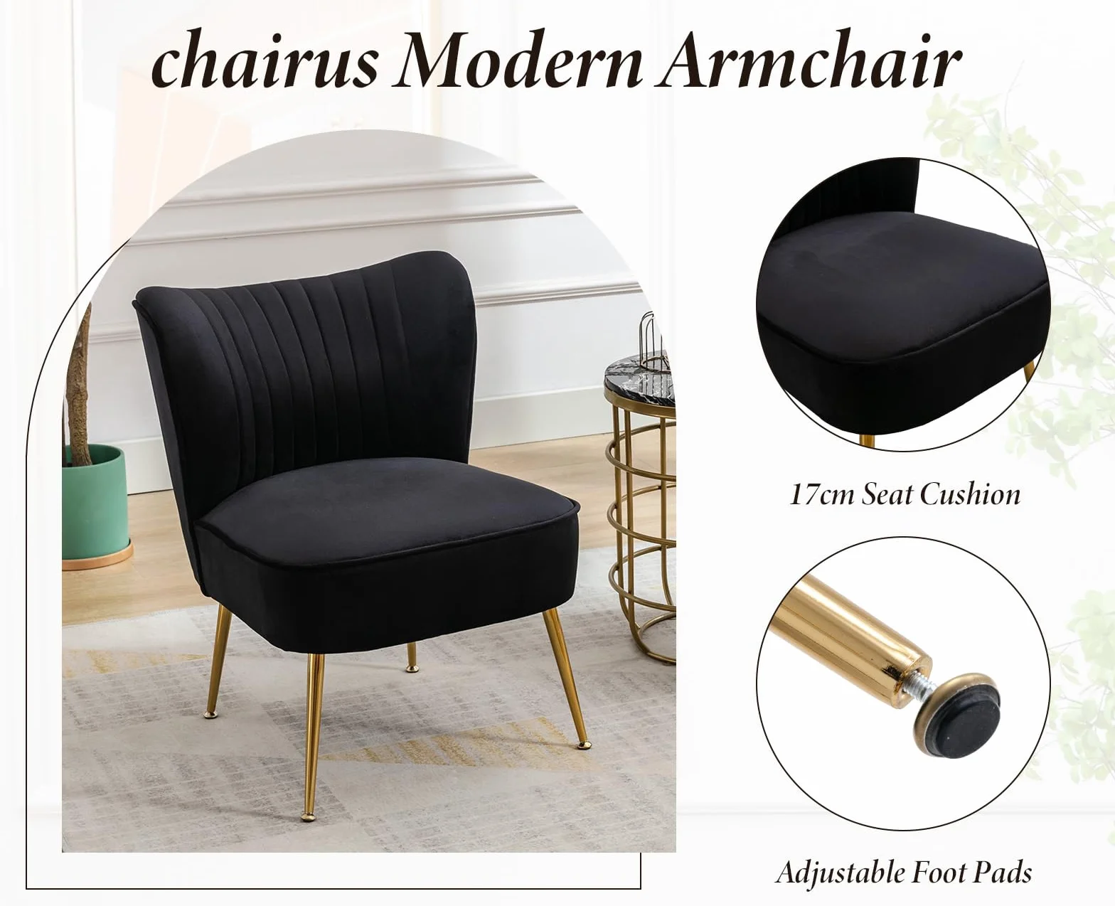 chairus Juego de 2 Sillón Tapizado en Terciopelo Sillón de Salón Moderno con Patas Doradas, Butaca de Salón Elegante sin Brazos para Dormitorio/Tocador, Negro
