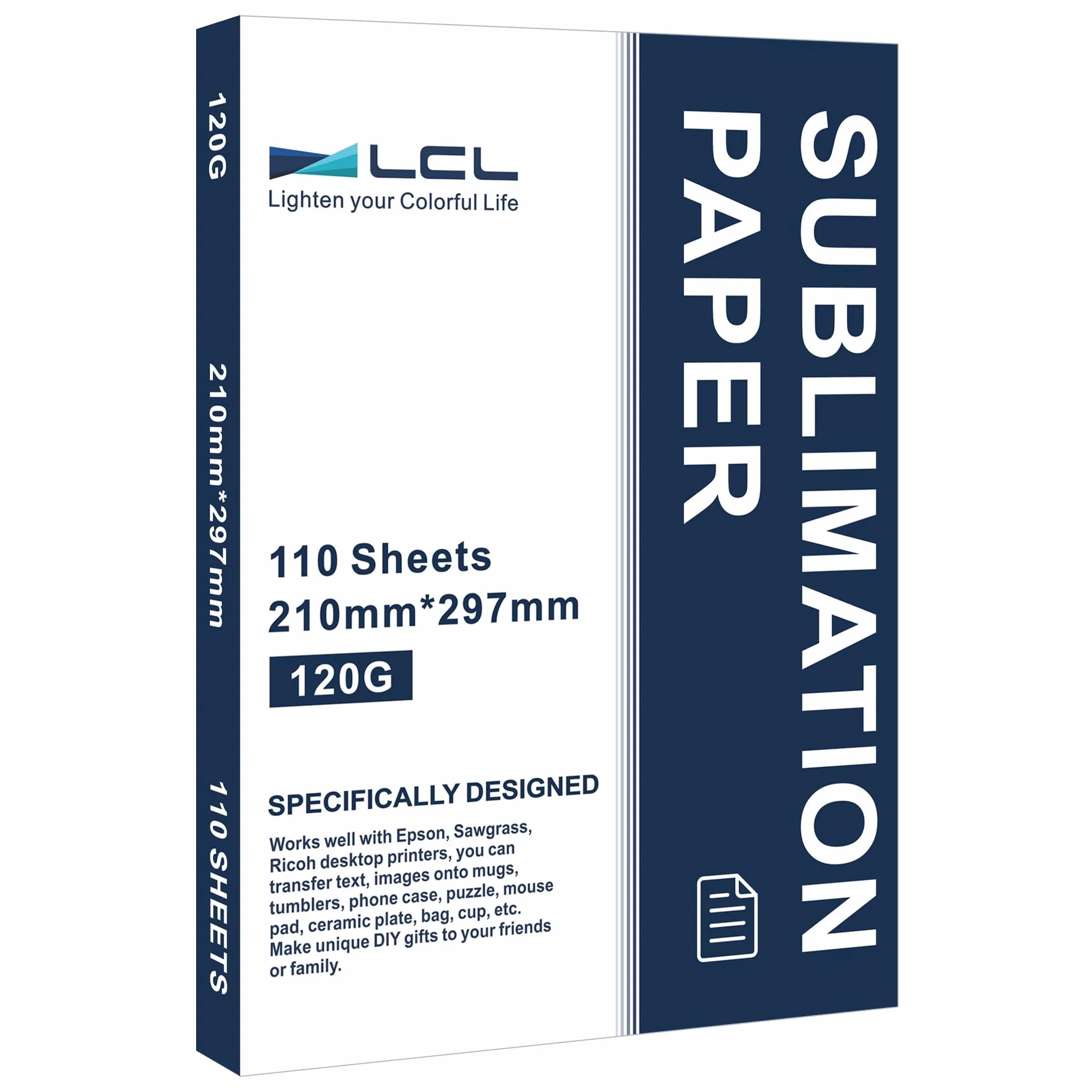 LCL Papel de sublimación A4, 210x297 mm, 110 Hojas, 120 g/m², Compatible con Epson, Sawgrass, Ricoh, Brother