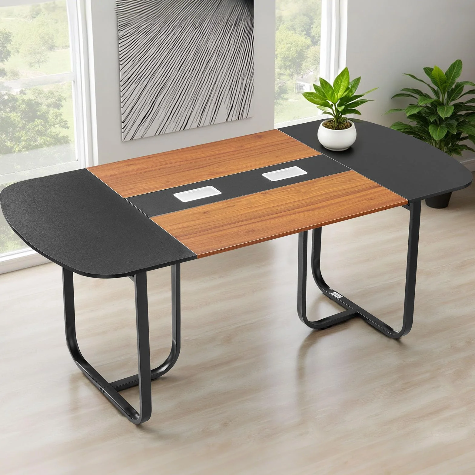 VEVOR Mesa de Conferencias para 6-8 Personas, Ovalada, para Seminarios, Reuniones, Multiusos, con Patas Metálicas, para Oficinas, Salas de Conferencias, Color Negro y Marrón, 1800 x 900 x 750 mm