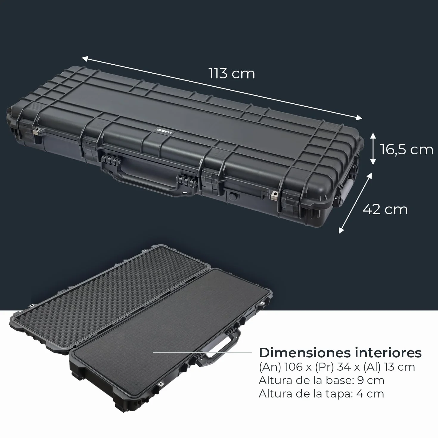 Maletín para Armas largas HMF Outdoor ODK200, Estuche Rifle Impermeable IP67 113x41x15.5 cm Negro