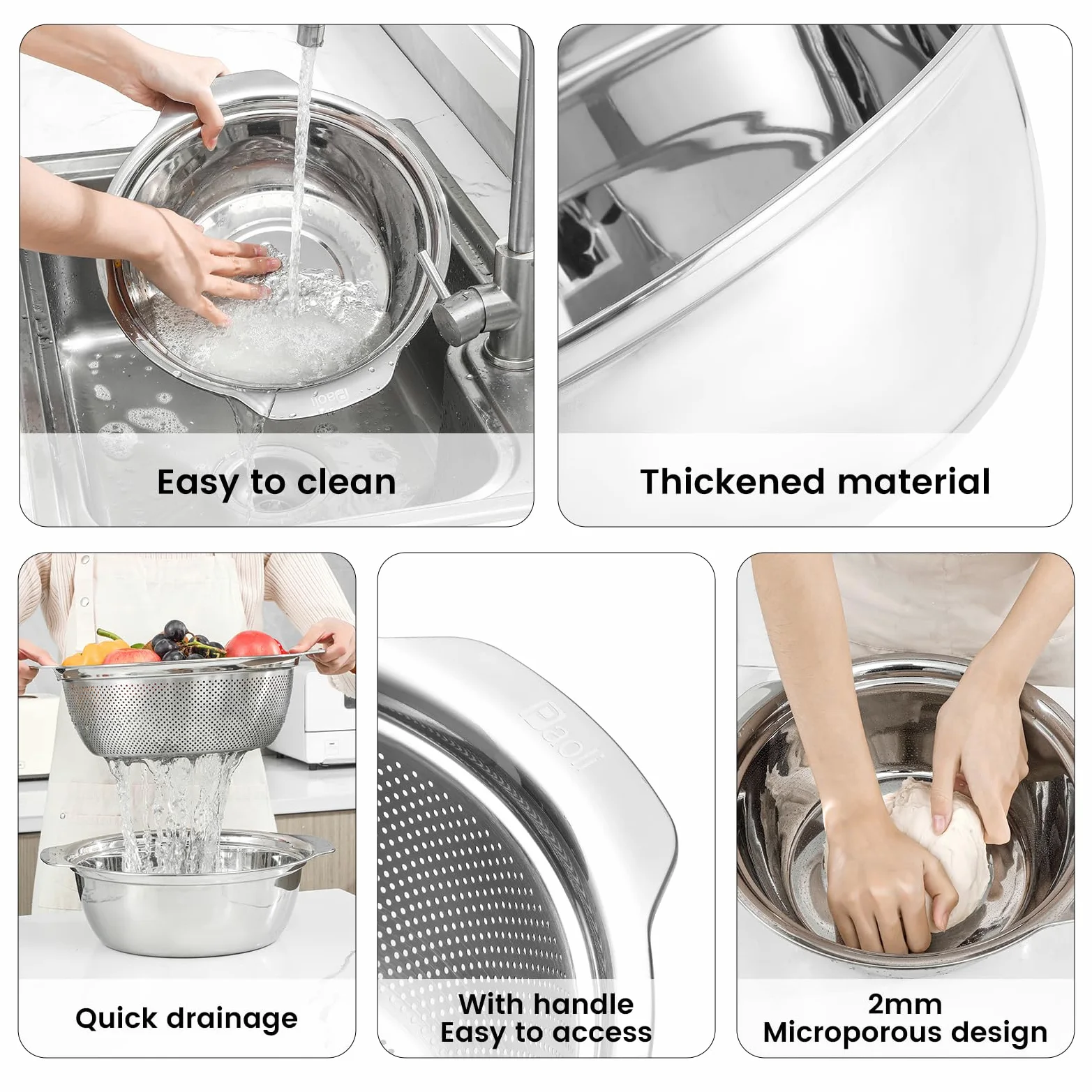 Colador microporoso de acero inoxidable 304 con asa, lavadoras de arroz, juego de colador microporoso para lavar verduras, frutas y arroz, y escurrir pasta cocida (4 cuartos de galón con asa, dorado)