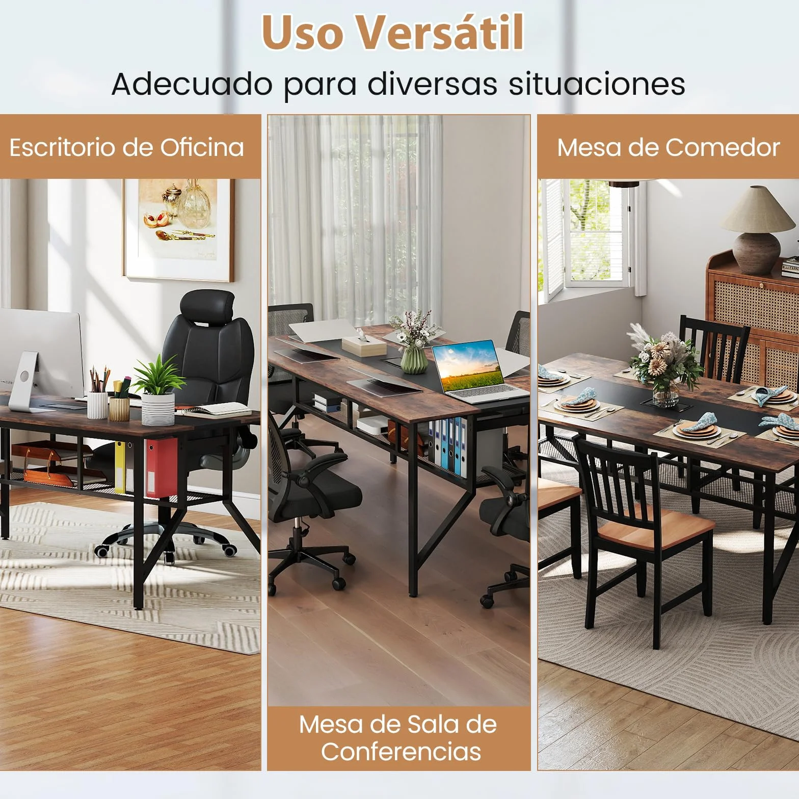 COSTWAY Mesa Rectangular para Reuniones 6-8 Personas, Mesa de Conferencias con Estante de Malla y Pasacables, Escritorio Industrial con Estructura Metálica, Oficina Sala, 180 x 96 x 76 cm