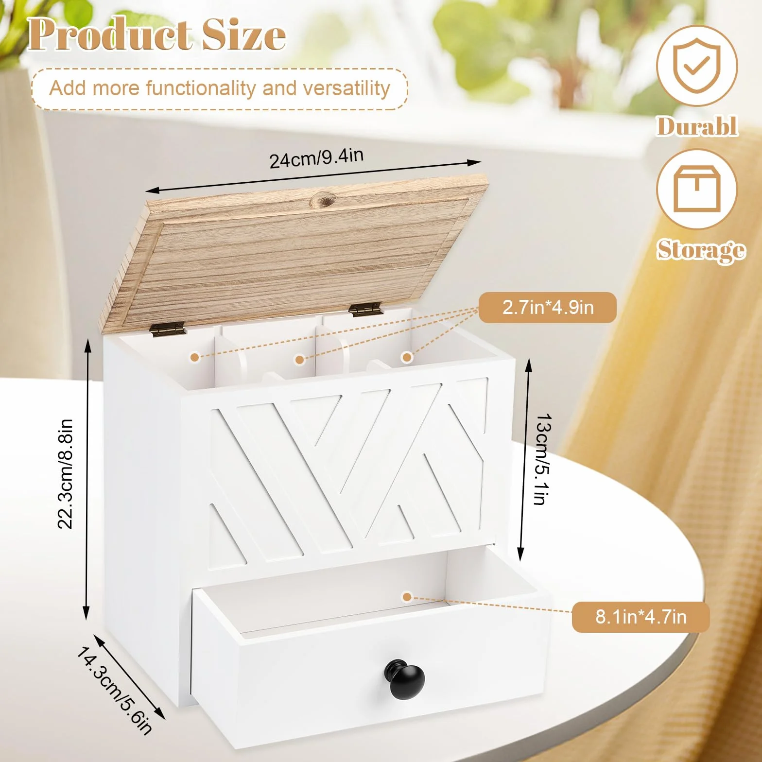 3 Compartimentos Caja Organizadora Compresas, Guarda Compresas y Tampones con Tapa Diseño Cajones para Salvaslips de Madera, para Artículos de Higiene Íntima para Niñas, Mujeres y Señoritas (Blanco)