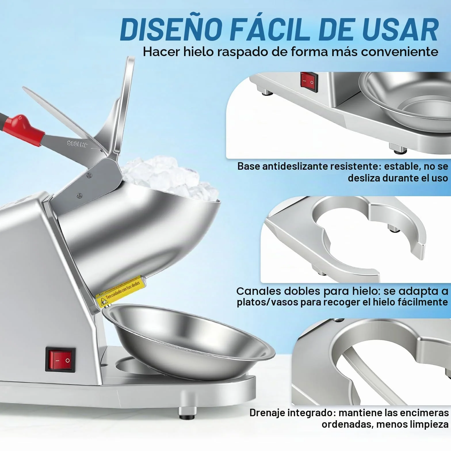 Picadora de Hielo Eléctrica Acero Inoxidable 85 kg/h 2200 RPM 2 Cuchillas Plateado