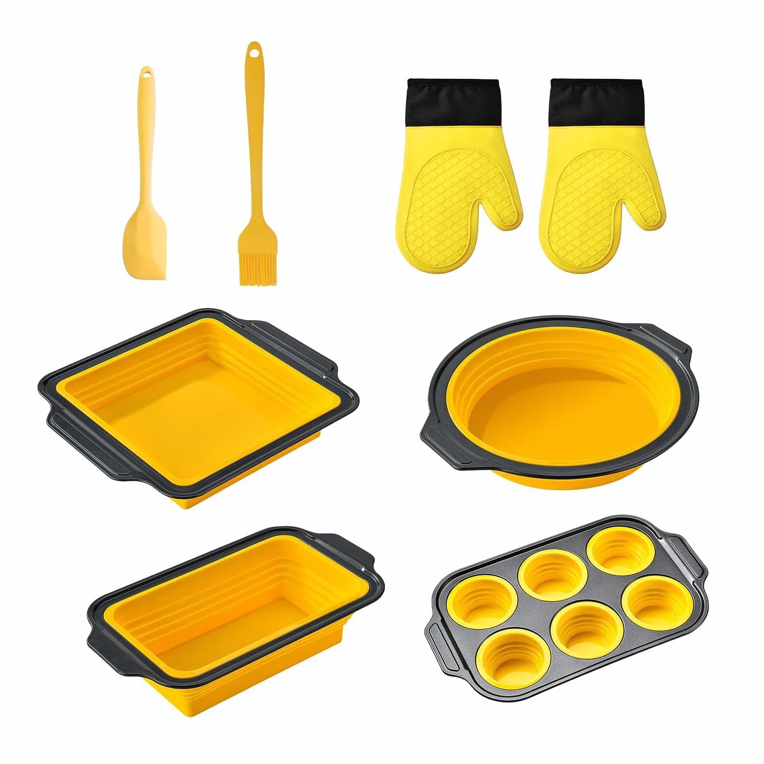 Juego de Moldes de Silicona para Hornear Apilable y Flexible | con Guante, Rasqueta y Cepillo Set Antiadherente para Hornear Resistente al Lavavajillas, para Magdalenas, Pan, Galletas,