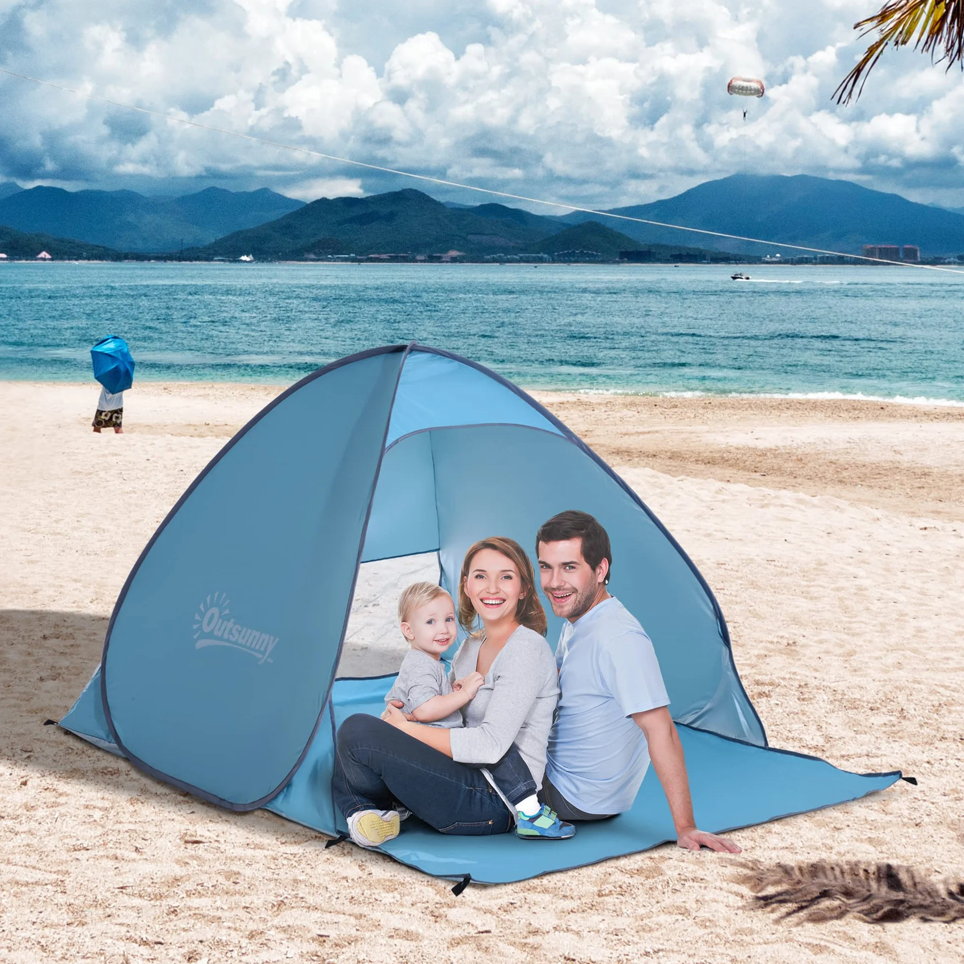 Outsunny Tienda de Playa Pop-Up para 2-3 Personas con Ventanas y Protección Solar UV Azul