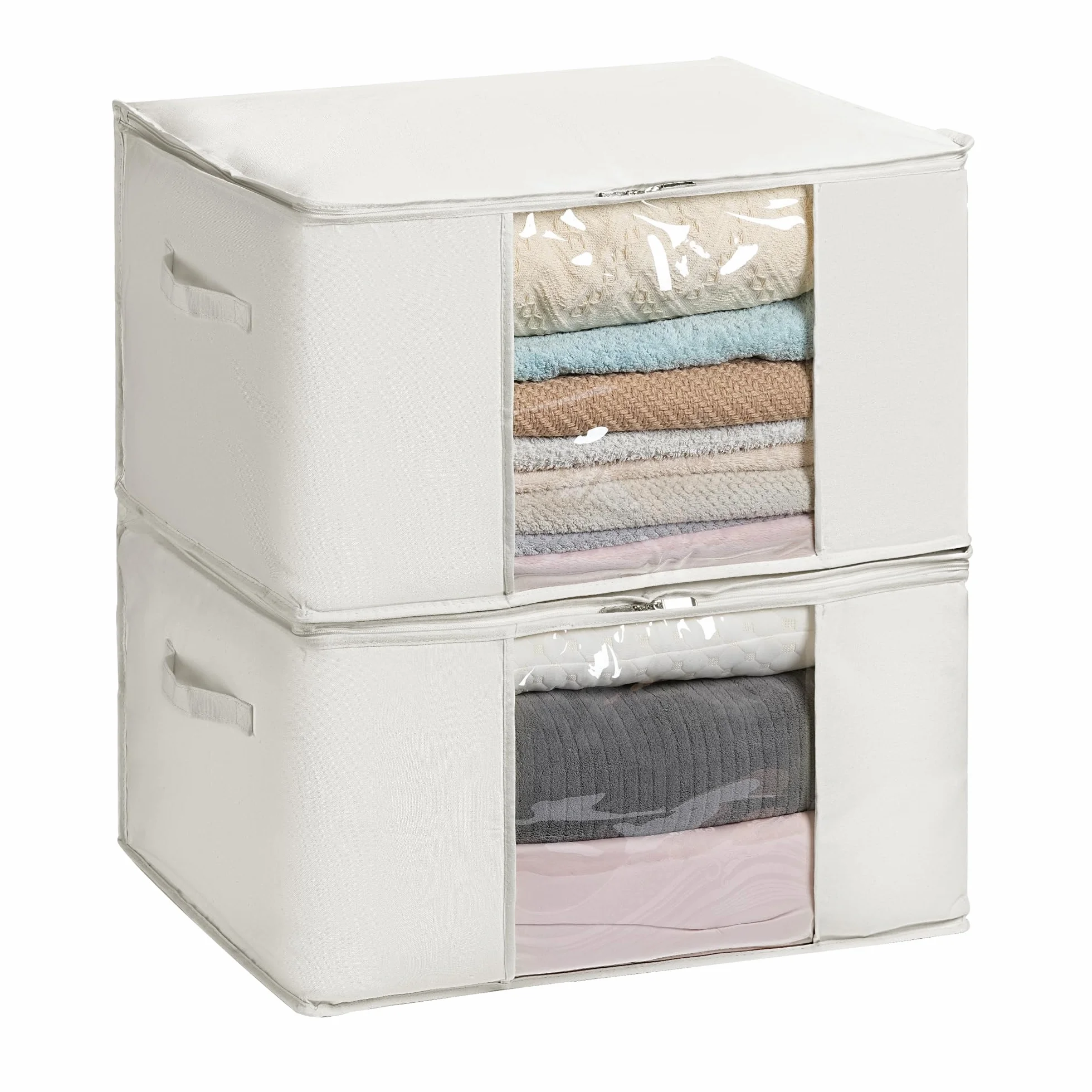 TYEERS Bolsas de Almacenaje de Tela Mezclada con Algodón, con Cremallera y Ventana Transparente, Organizador Armario para Ropa de Temporada y Ropa de Cama, 60x40x35 cm, Paquete de 2, Beige