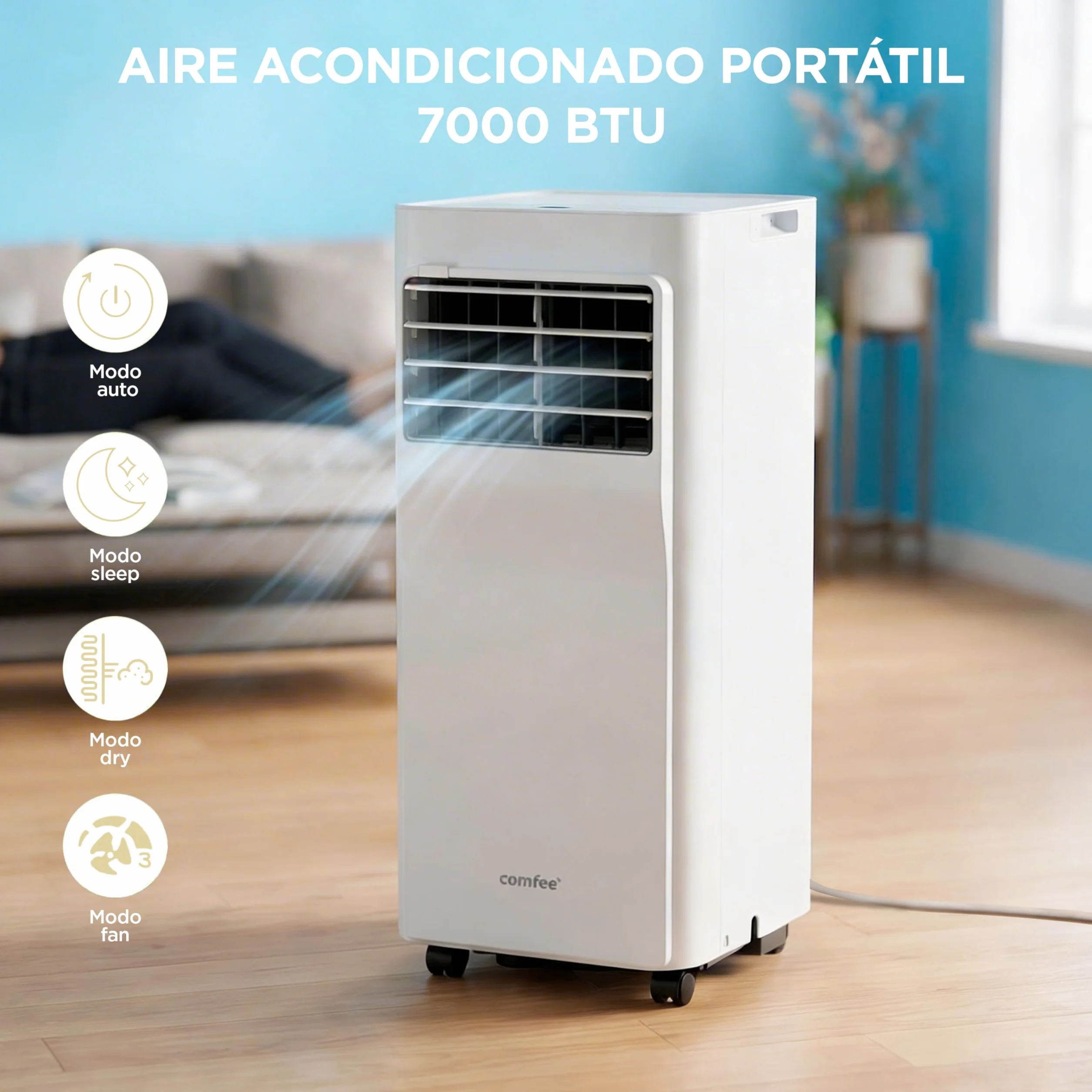 COMFEE Pingüino Aire Acondicionado Portátil 3 en 1 | 7000 BTU/1800 Frigorías Con App + Mando a Distancia | Climatizador y Deshumidificador | Bajo Consumo | Función Follow Me | Incluye kit de ventana