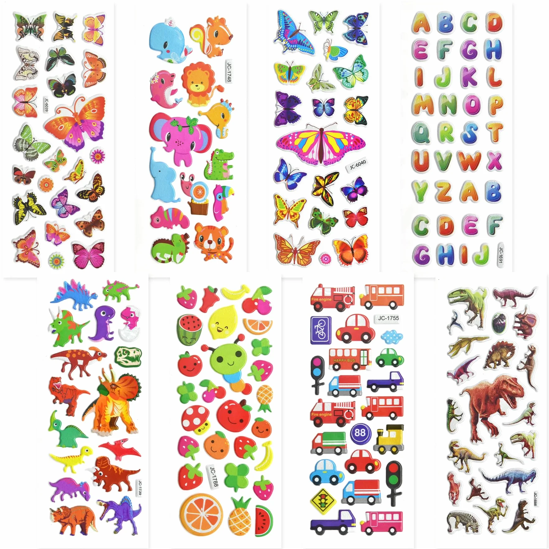 Pegatinas para Niños 600+, 24pcs Pegatinas Infantiles 3D Puffy Stickers, Aplicable Gratificantes Regalos Scrapbooking, Que Incluyen Automóviles,Animales, Números, Frutas, Letras, Vida Marina