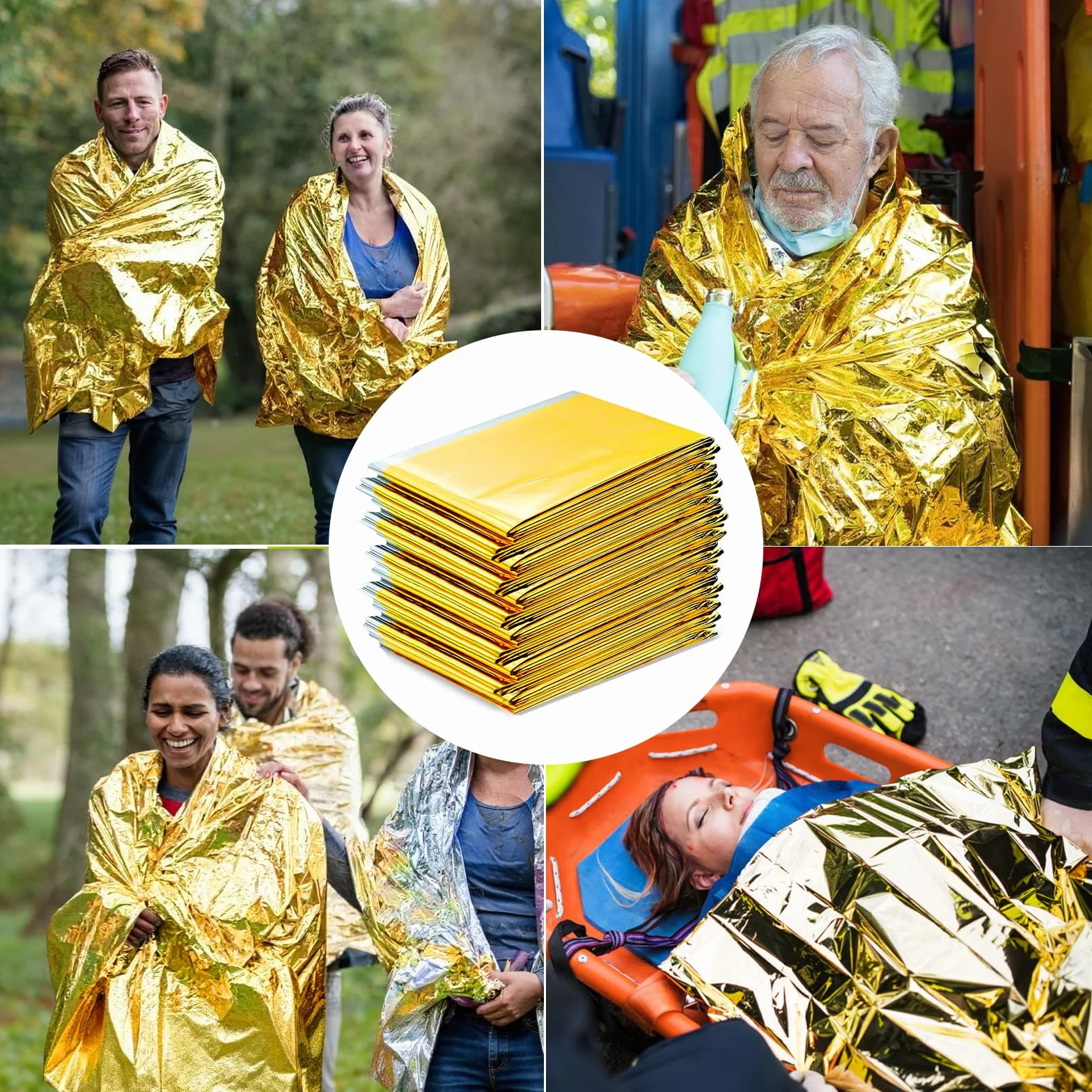 Manta Térmica Supervivencia 5 Piezas Oro Plata 210×160cm Resistencia al Desgarro