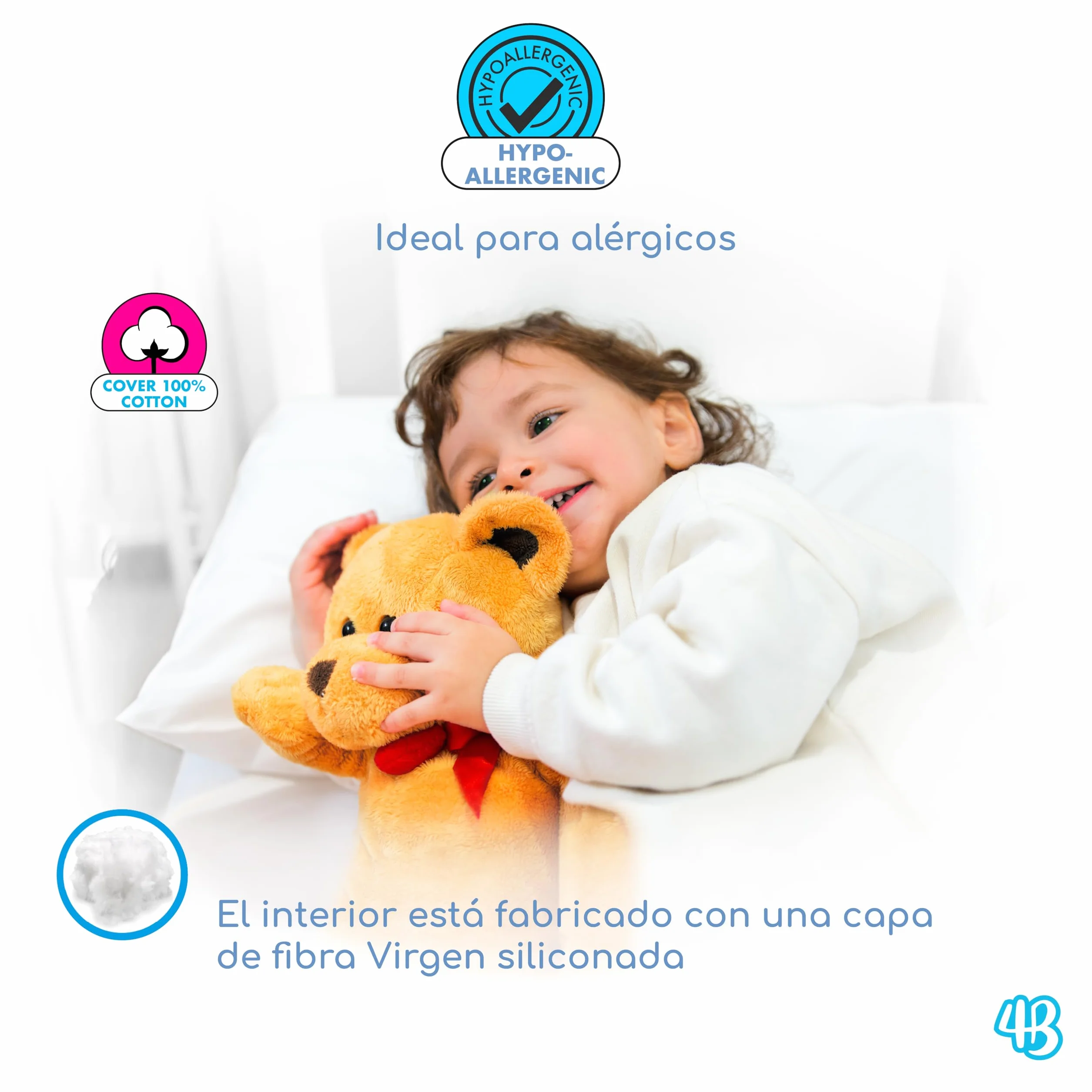 Almohada 40x60 Bebe Fibra Transpirable Hipoalergénico Forro 100% Algodón Italiano Antiácaros