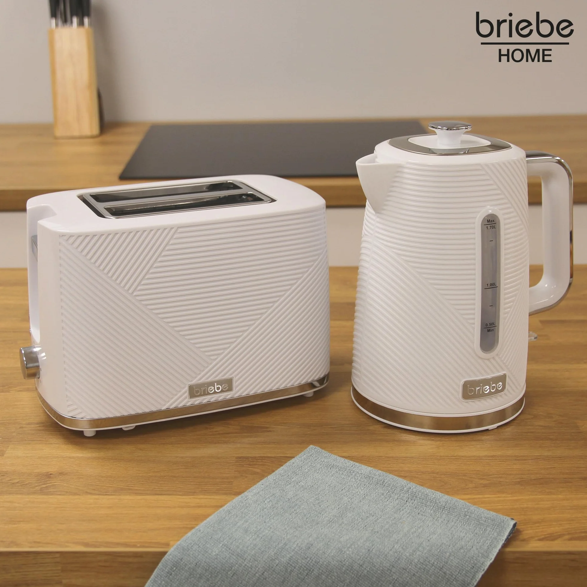 briebe Elegance Set Tostadora Pan Ranura Ancha 2 Rebanadas, 7 Niveles Tostado + Hervidor Agua Eléctrico 1,7L Inalámbrico, 2200W Ebullición Rápida, Libre BPA, Pack Desayuno Diseño Moderno Blanco