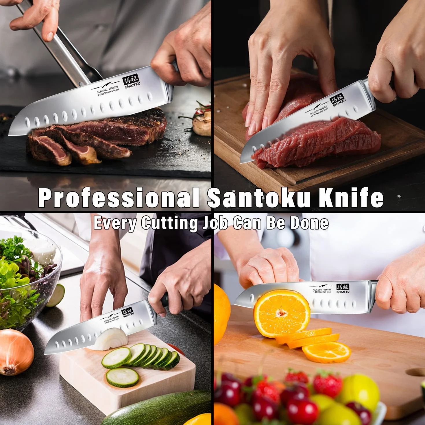 SHAN ZU Cuchillo Santoku Japones, Cuchillos de Cocina Profesionales 18cm, 7 ''Cuchillo Chef de Acero Inoxidable Alemán de Alto Carbono, Cuchillos Cocinero para Frutas, Verduras, Carne