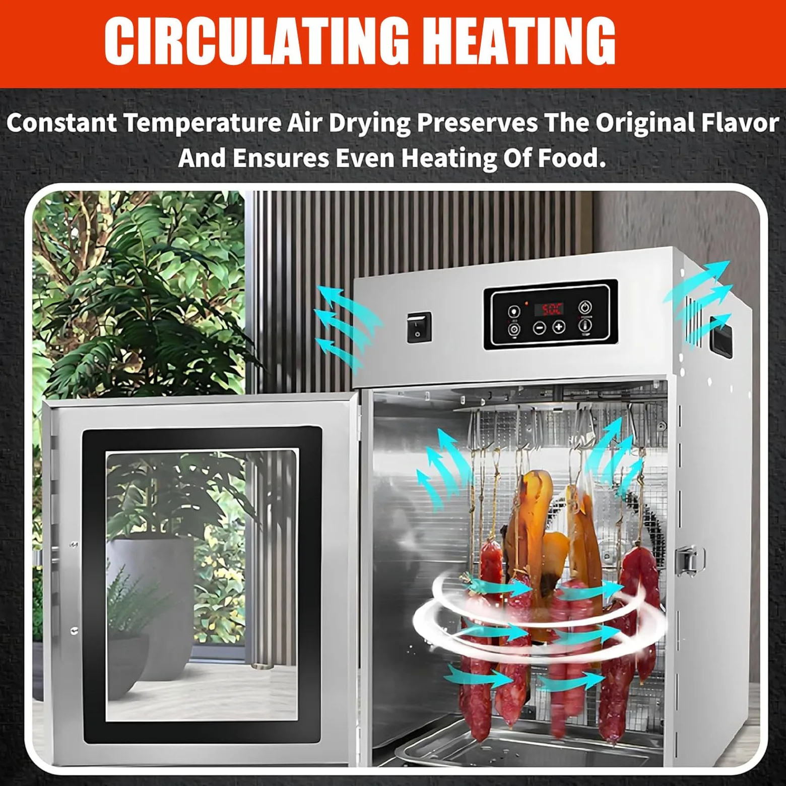 Deshidratador de alimentos y armario de secado de acero inoxidable para biltong, grande, 7,5 kg/15 kg, 14 varillas para colgar, deshidratador de alimentos de 800 W para cecina, control de tempera