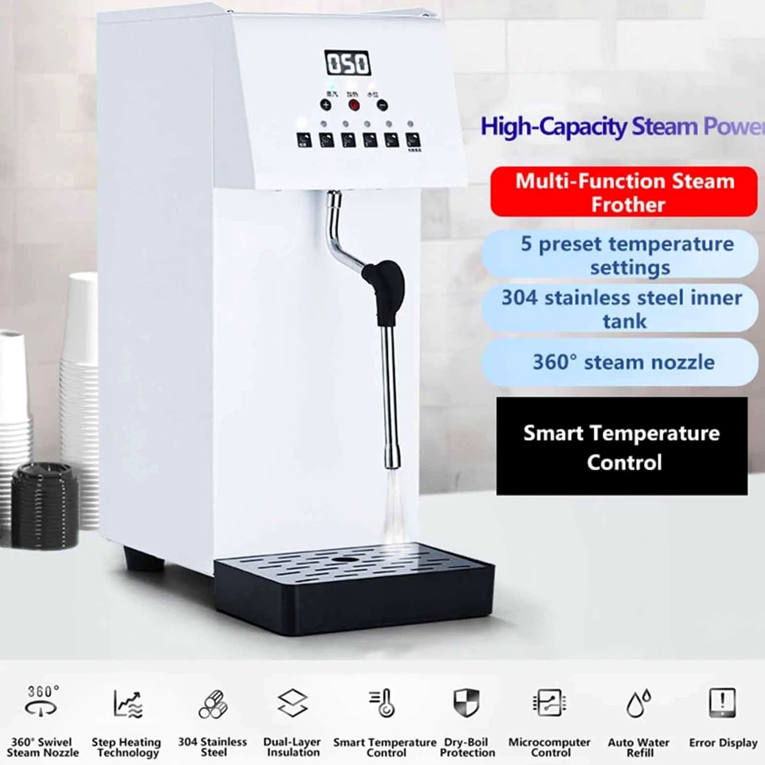 Espumador de leche eléctrico comercial de 2500 W, con vapor, tanque de 6 L, acero inoxidable 304, 5 ajustes de temperatura preestablecidos, pantalla LED para latte y capuchino, protección co