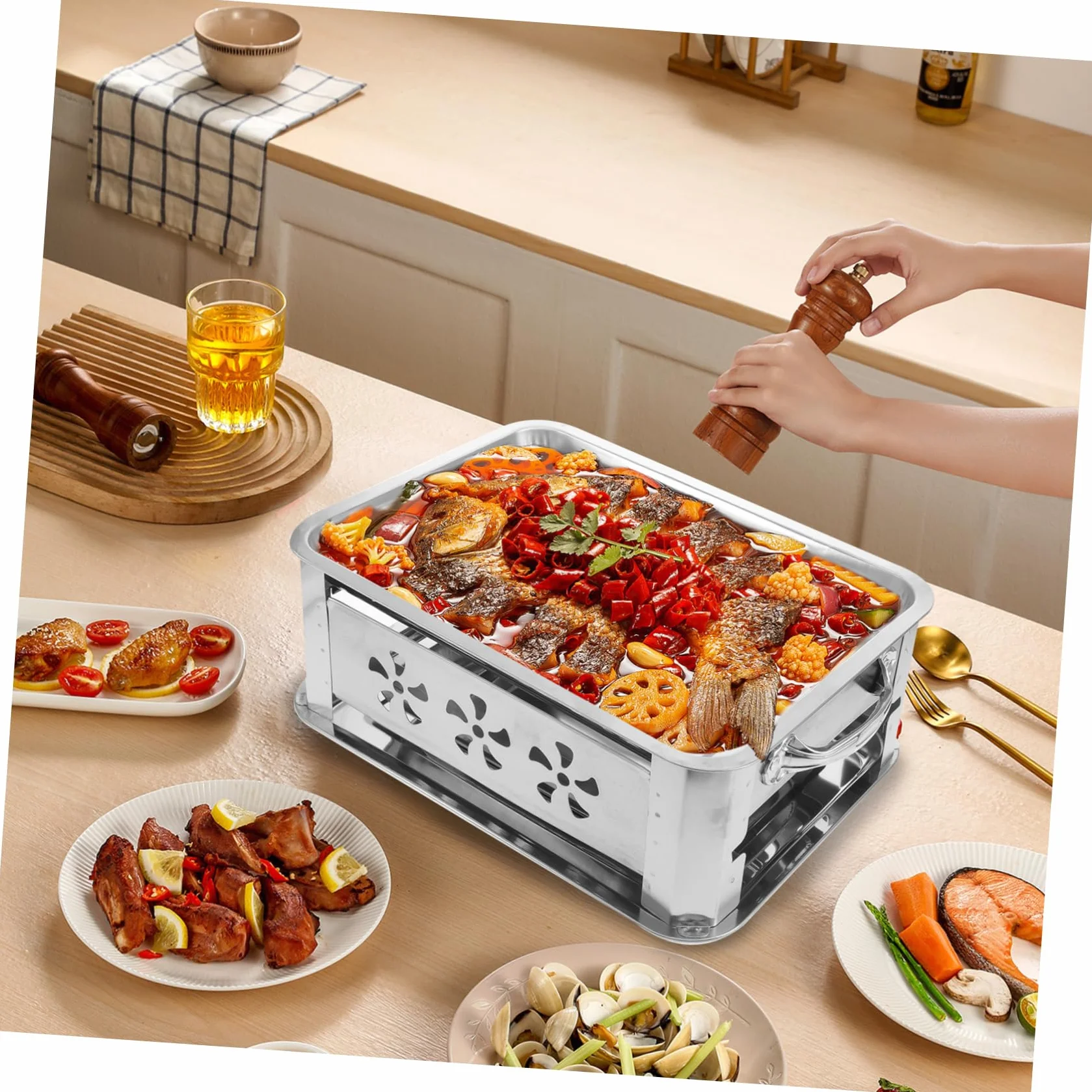 HANABASS Plato Grueso De Pescado Parrilla Bandeja De Buffet De Acero Inoxidable Plato Rectangular Para Servir Buffet Bandeja Plana Para Calentar Alimentos