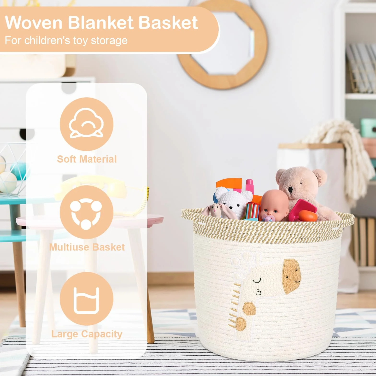 Cesta de Cuerda de Algodón Infantil Almacenamiento Juguetes con Asa Beige Jirafa 30x30cm