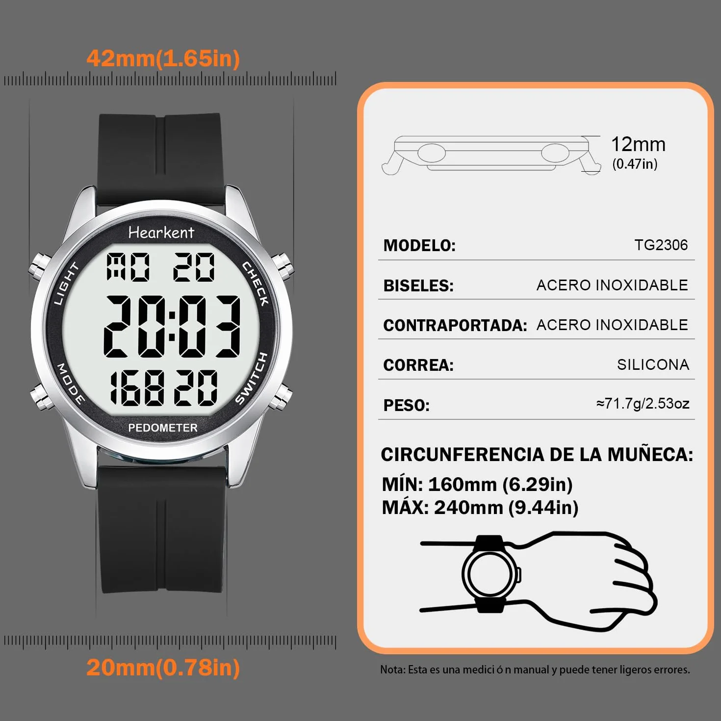 Hearkent Podometro Reloj para Caminar para Senior Sin Bluetooth No Requiere App con Contador de Pasos Calorias y Numeros LCD Grandes