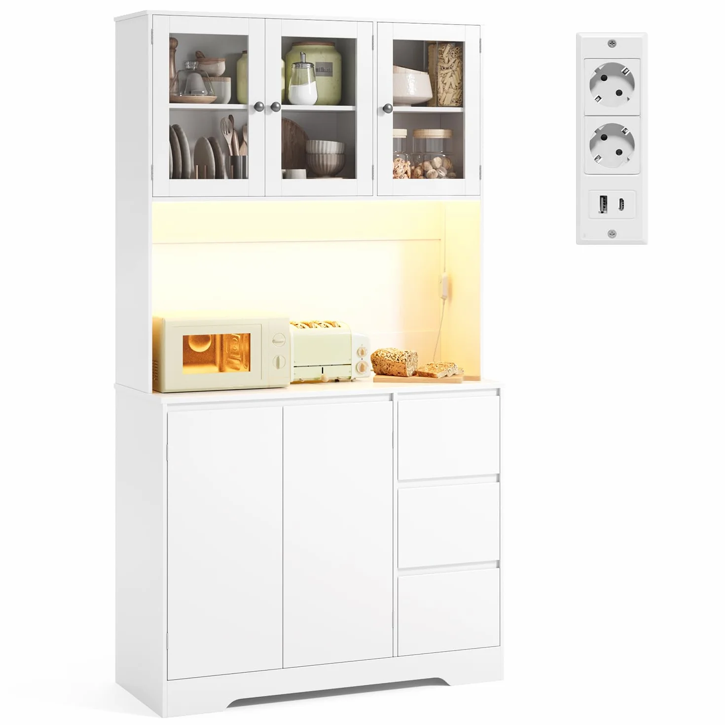 Xbro Alacena de Cocina con LED y Placa Perforada, Armario Cocina con 5 Puertas y 3 Cajones,Armario Cocina Almacenaje para Cocina, Comedor, Salón, 100 x 40 x 180 cm, Blanco